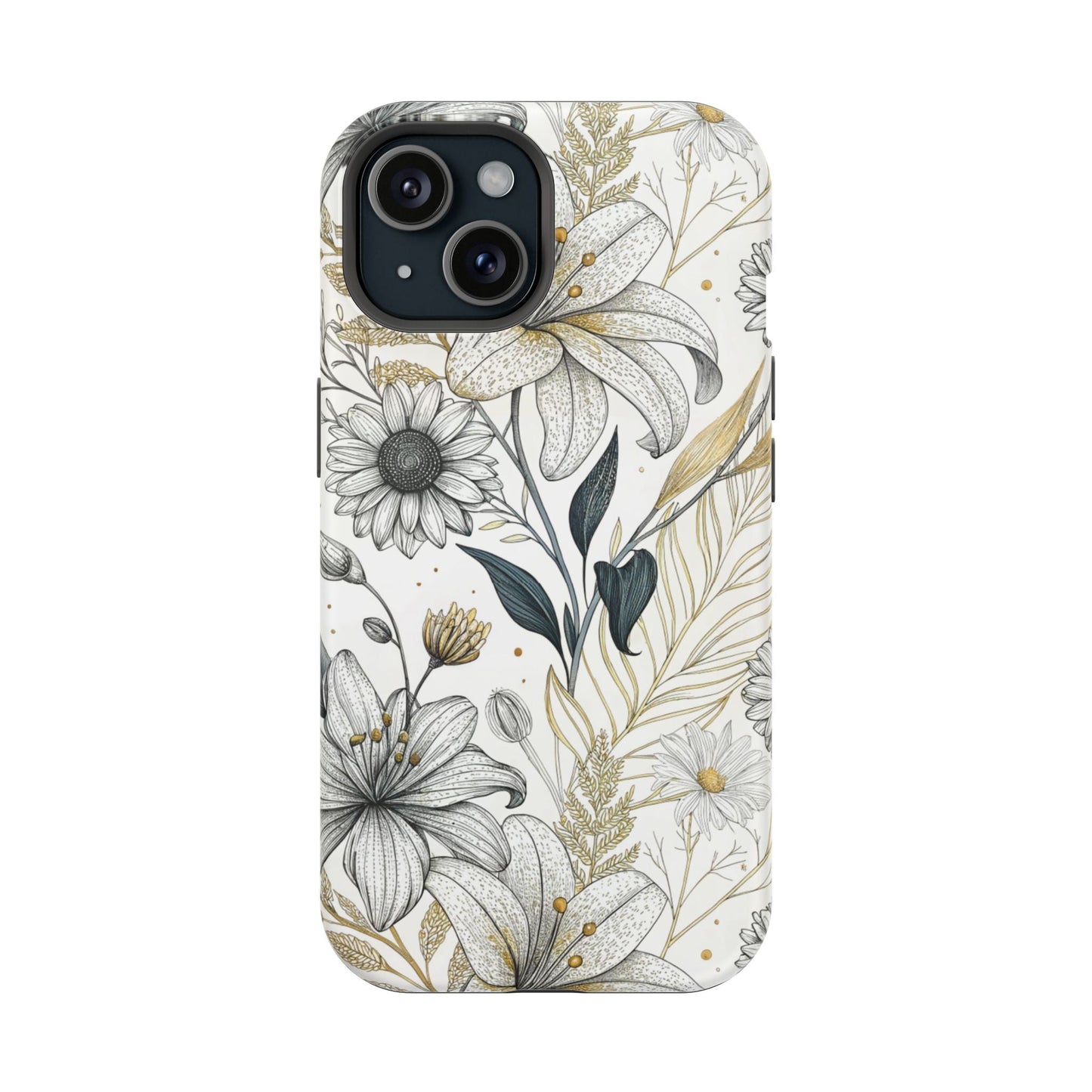 Modern minimalist iPhone case with golden leaf flower design, tough polycarbonate and TPU protection, MagSafe compatible