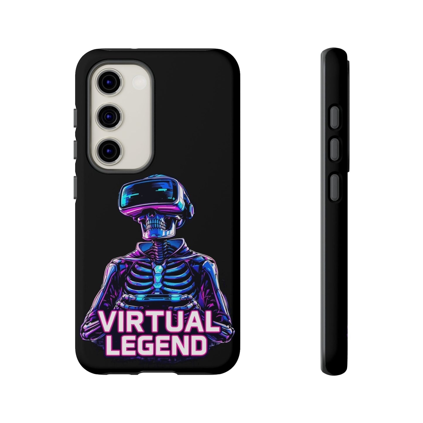 Virtual Legend Gamer Tough Case for Samsung with shock-absorbing black design featuring a neon skeleton gamer and 3D text.