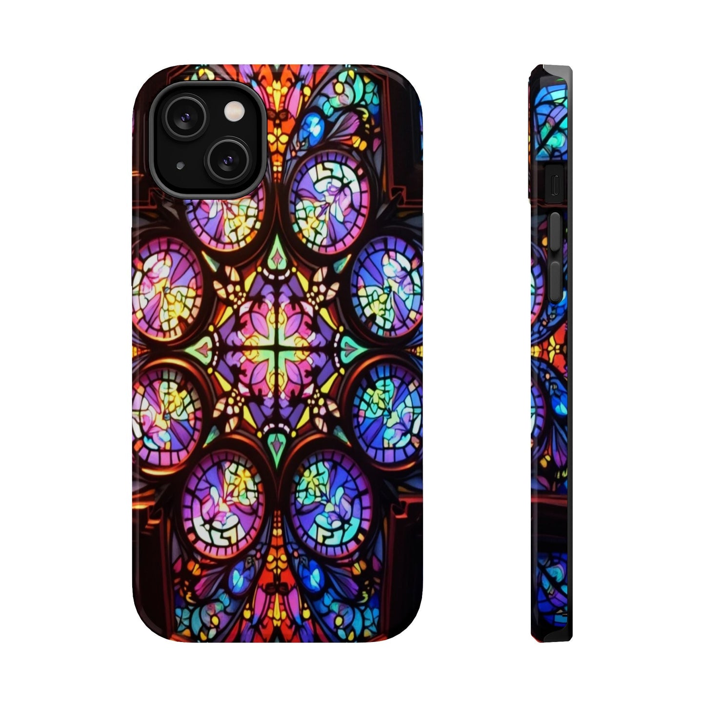 Colorful hypnotic stained glass pattern on durable iPhone tough case with MagSafe compatibility and dual-layer protection.