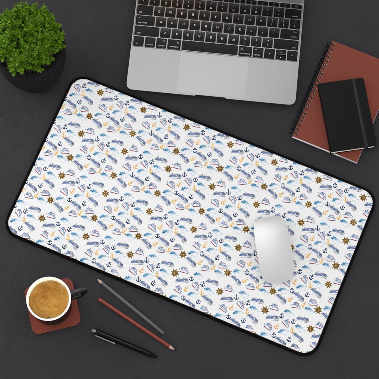 Cruise Ship Inspired Desk Mat with nautical pattern, non-slip neoprene surface, and hemmed edges for workspace use.