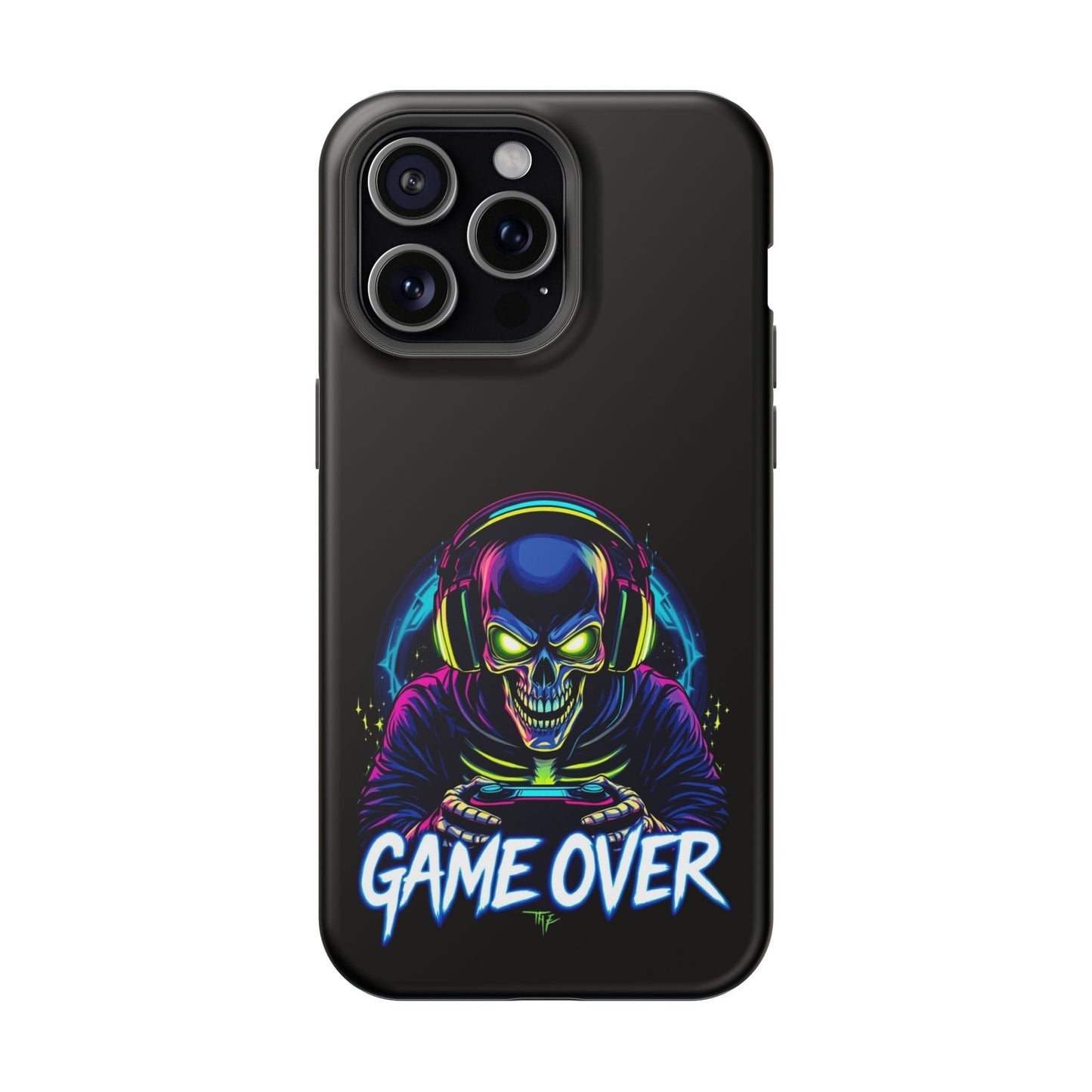 Game Over Gamer iPhone tough case with vibrant skull gamer design and MagSafe compatibility