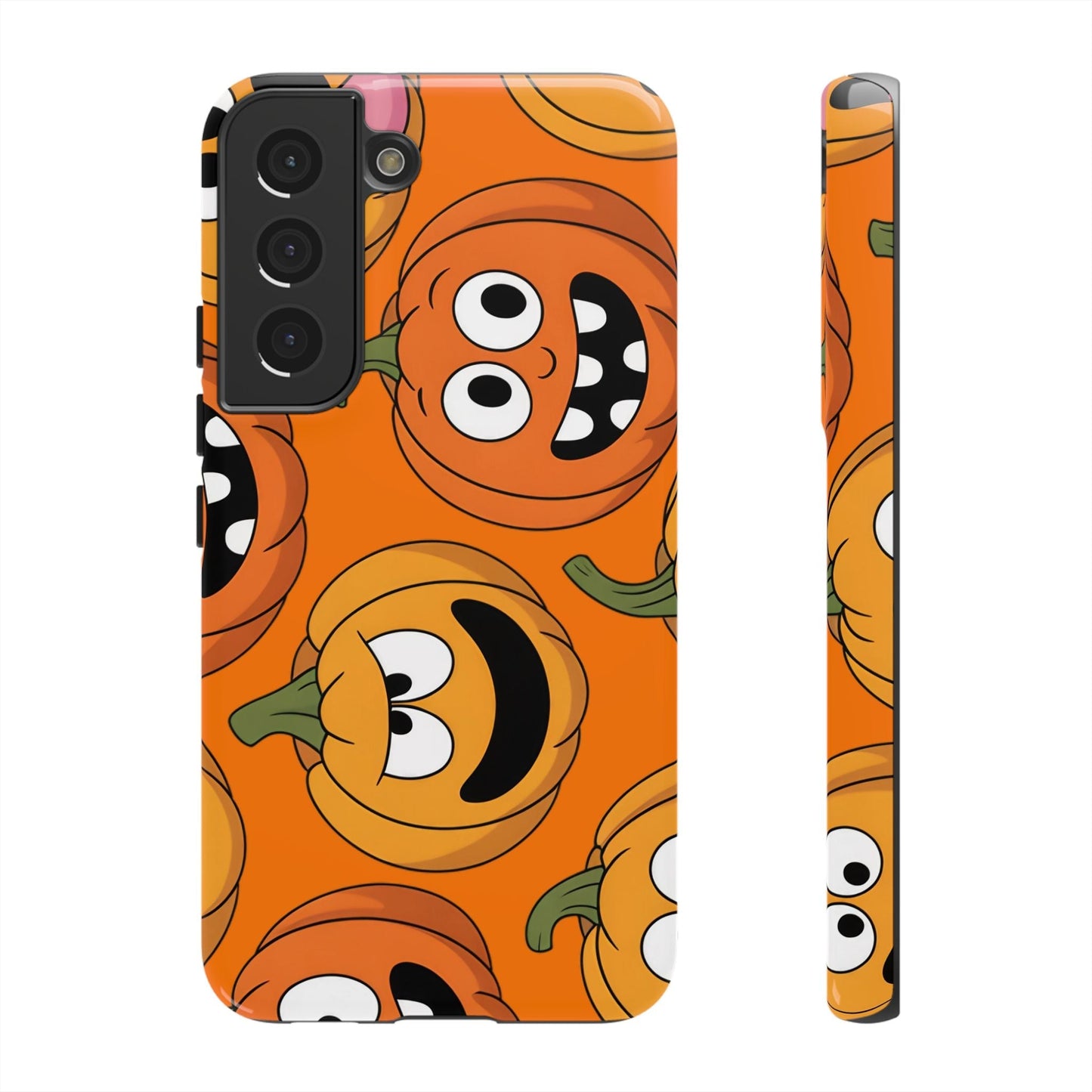 Samsung tough case with moody pumpkin design for Halloween on orange background