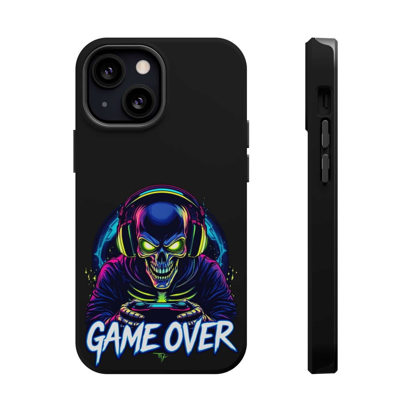 Game Over Gamer iPhone tough case with vibrant skull gamer design and MagSafe compatibility