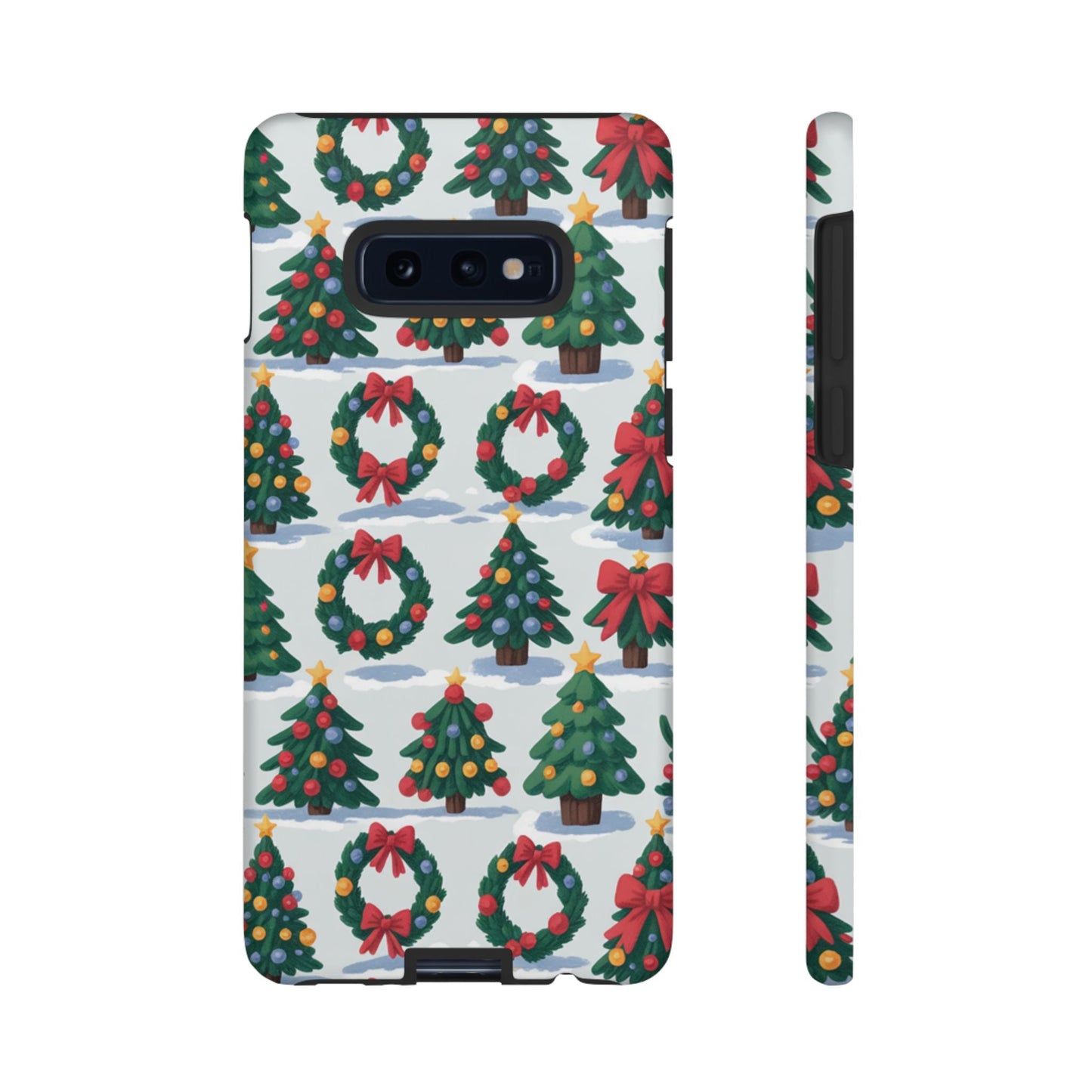Samsung phone case with festive Holiday Wreath Tree pattern featuring Christmas trees and wreaths with red bows and ornaments