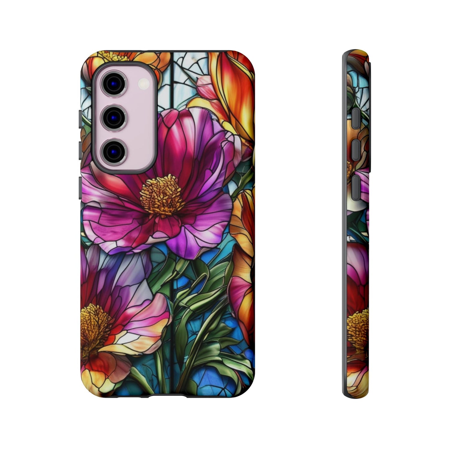 Samsung phone case with vibrant purple flower design, durable and impact-resistant with 3D wrap and UV protection