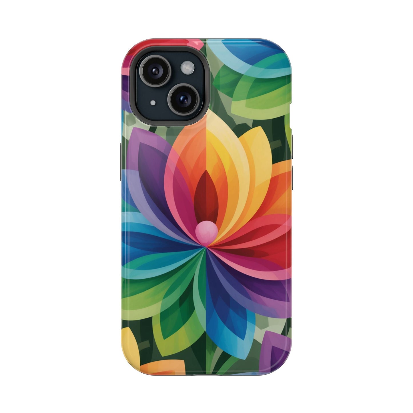 Rainbow Flower iPhone Case with vibrant multicolor floral design, durable polycarbonate, MagSafe compatible.