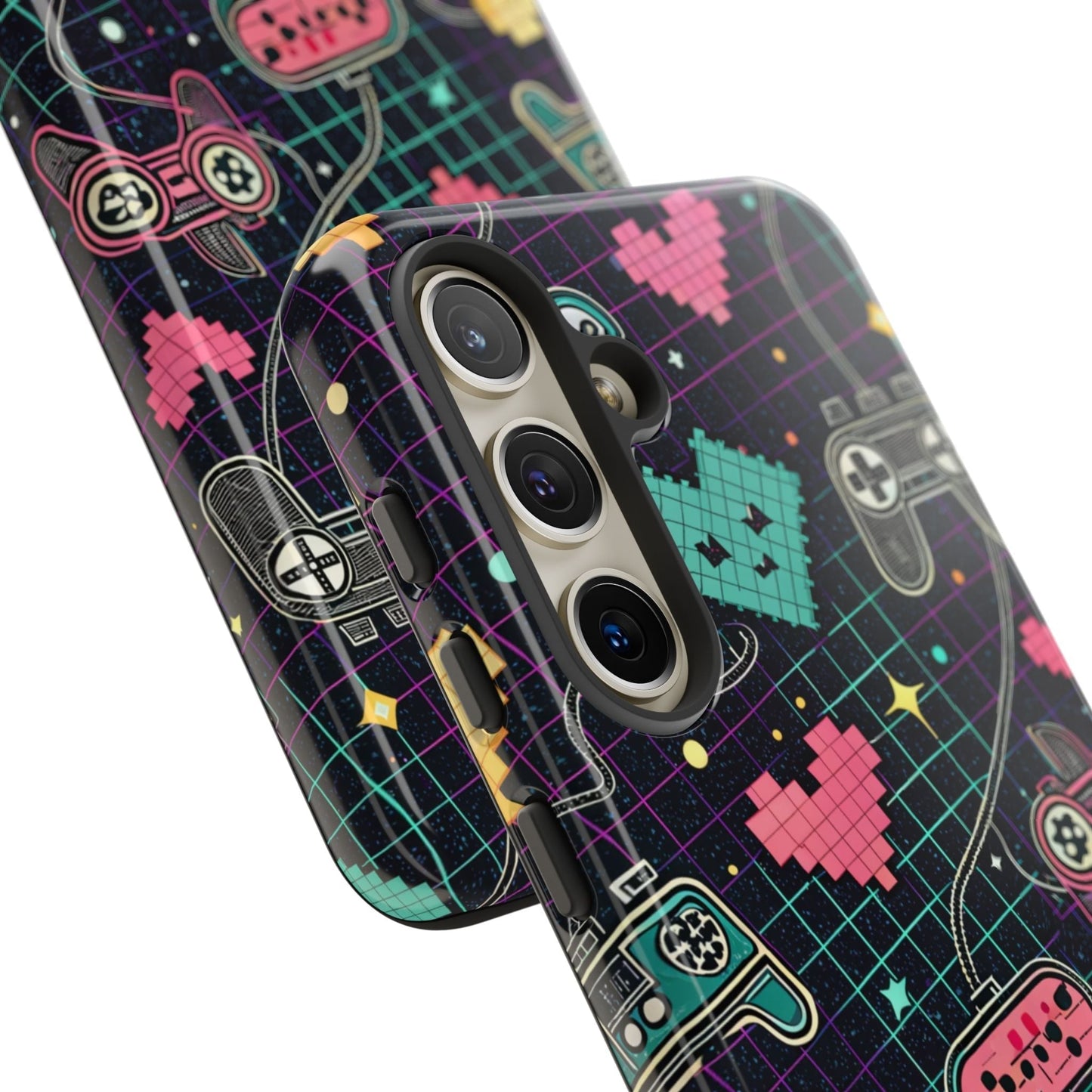 Retro Gamer Tough Case for Samsung Galaxy with colorful pixel art and gaming icons design, durable impact-resistant phone protection