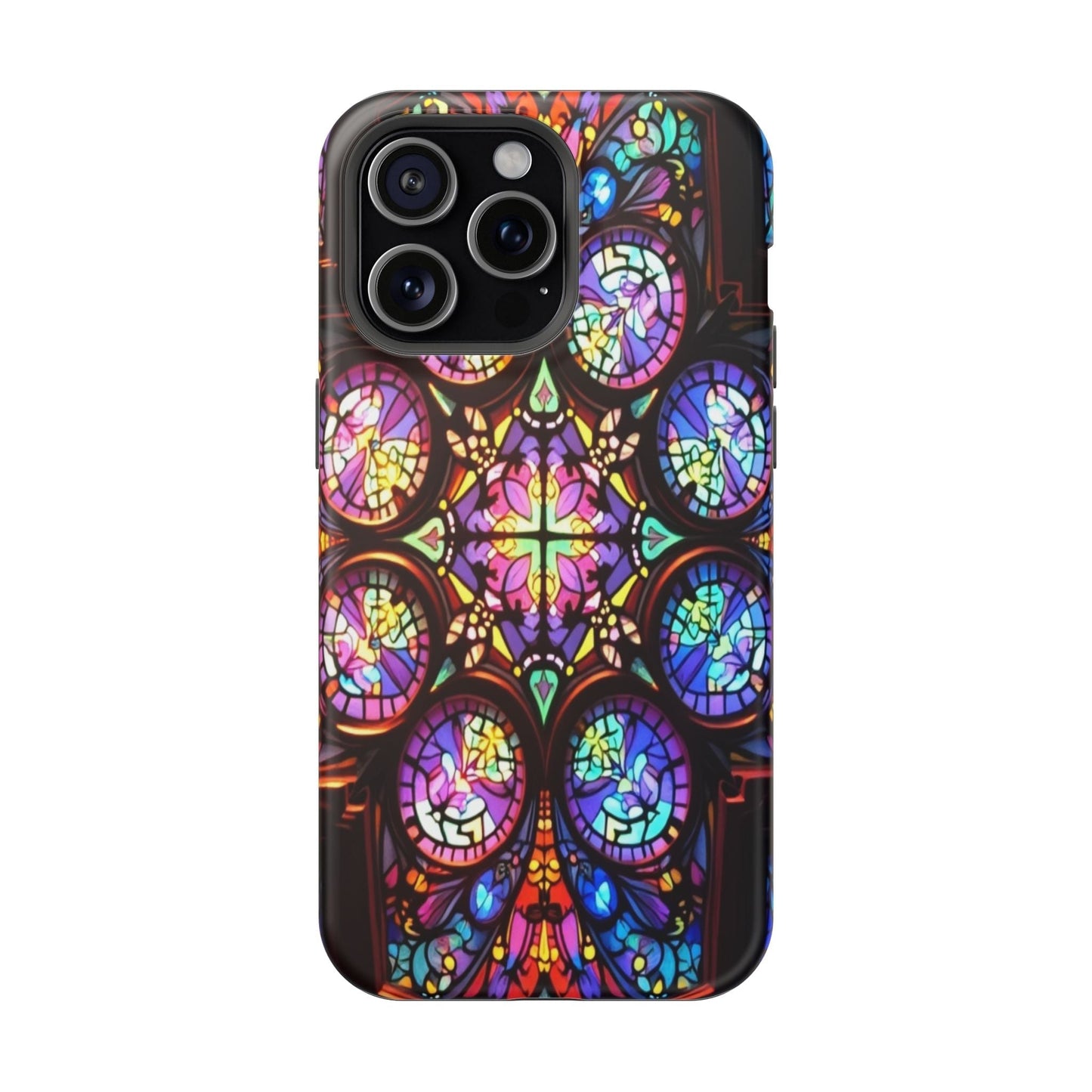 Colorful hypnotic stained glass iPhone tough case with vibrant wrap-around print and built-in MagSafe magnet.
