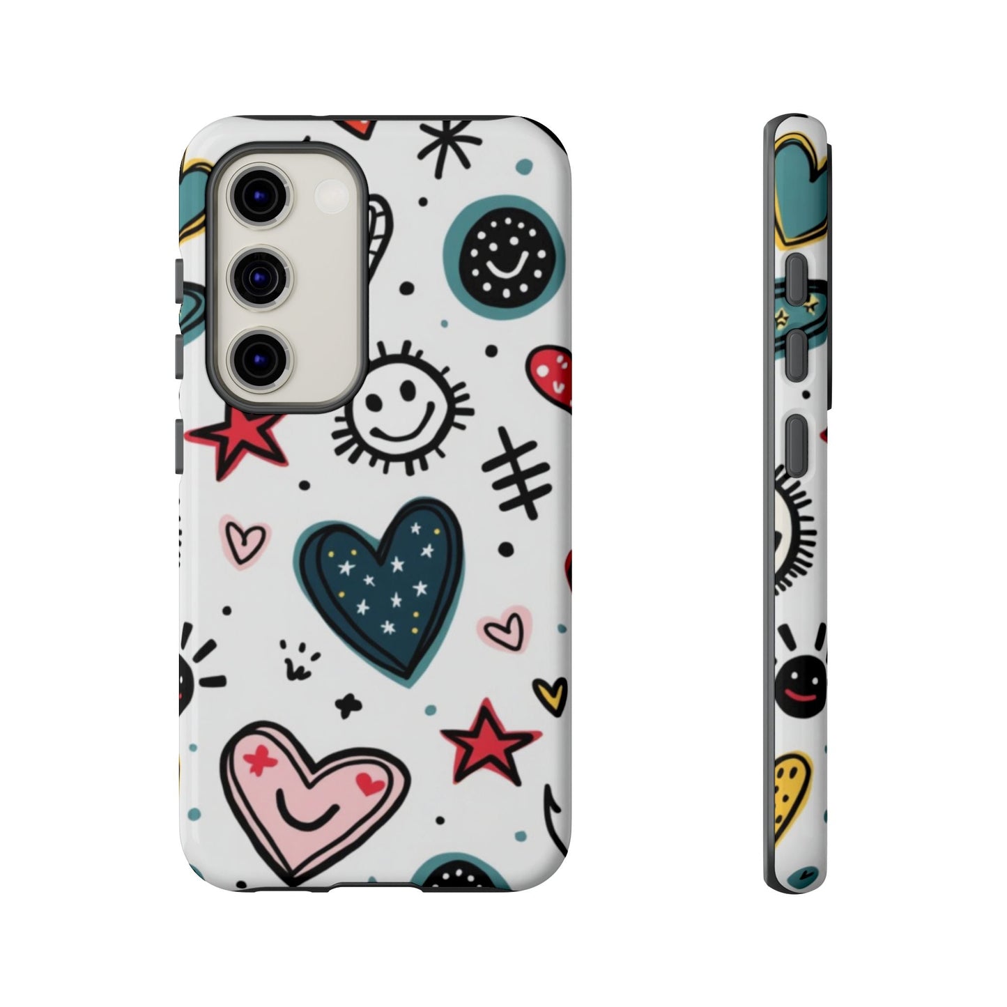 Smiles and Hearts Samsung tough phone case with colorful hearts, stars, and smiley faces design, durable and shock-absorbent for Galaxy models.