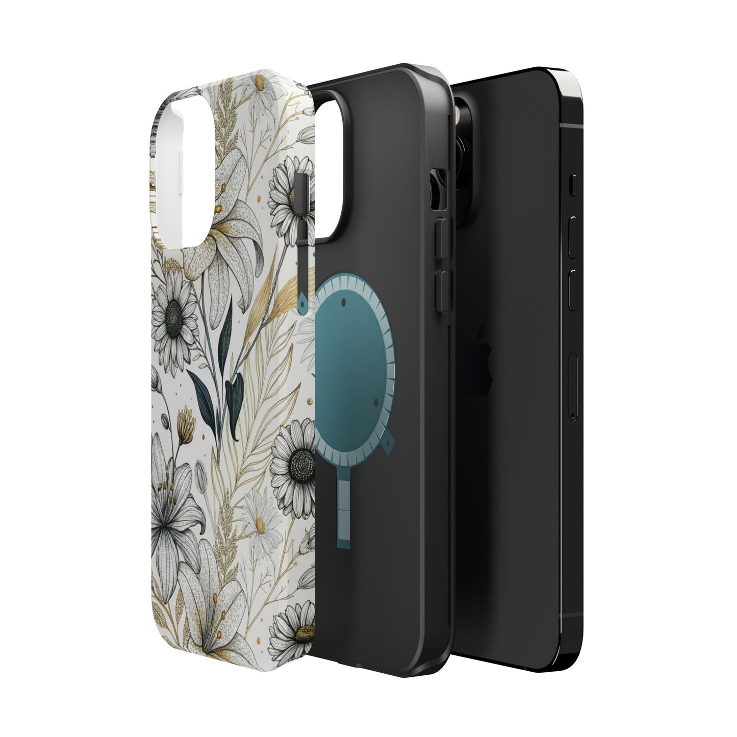 Golden Leaf Flower modern minimalist tough iPhone case with dual-layer protection and MagSafe compatibility