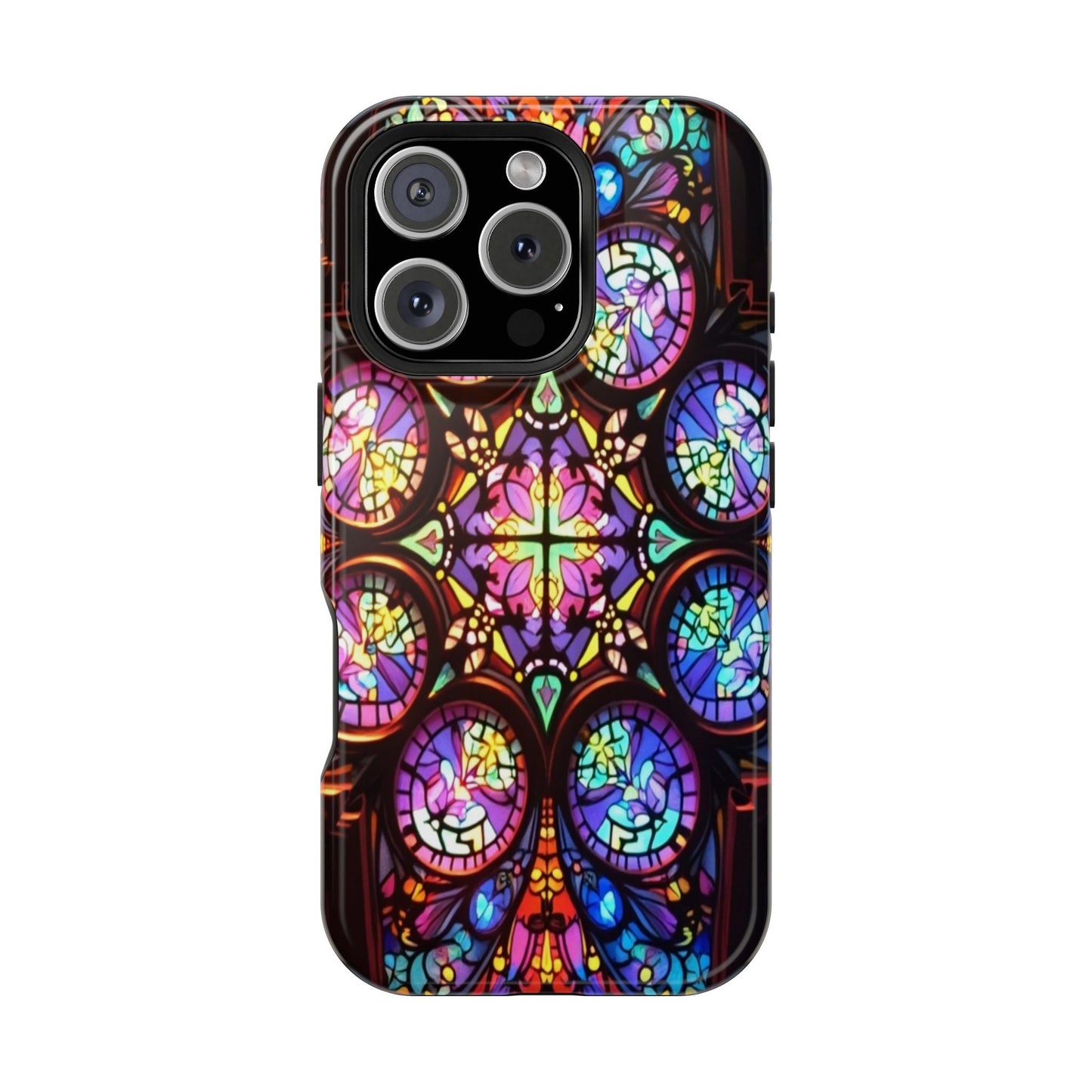 Colorful hypnotic stained glass design iPhone tough case with durable dual-layer protection and MagSafe compatibility