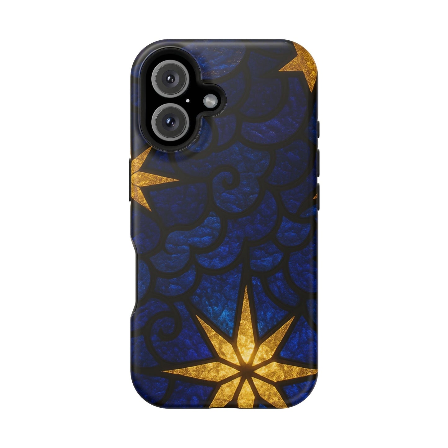 iPhone tough case with golden star design on blue textured background, durable protective MagSafe compatible cover