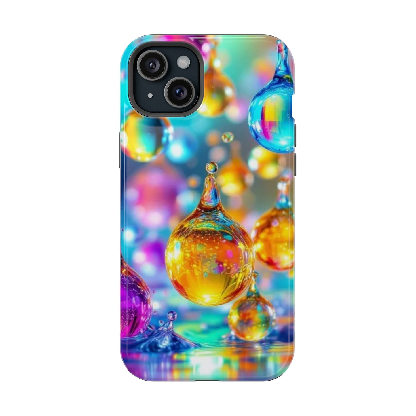 iPhone tough case with vibrant golden raindrop design and MagSafe compatibility