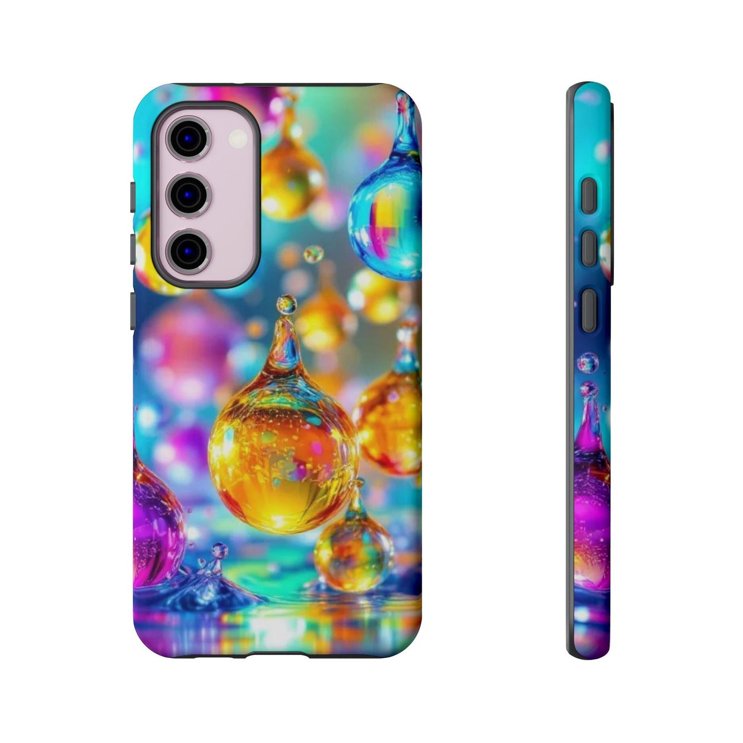 Samsung phone case with vibrant golden raindrop 3D design and durable shock-absorbing protection
