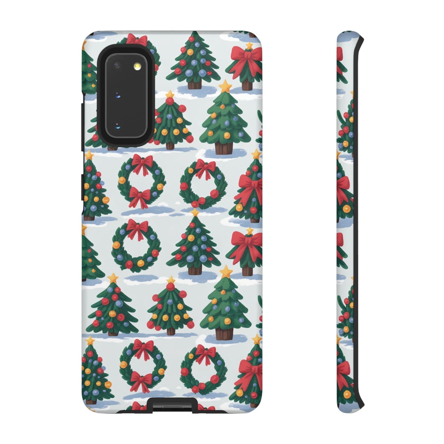 Samsung phone case with festive Holiday Wreath Tree pattern featuring Christmas trees and wreaths with red bows on a light background