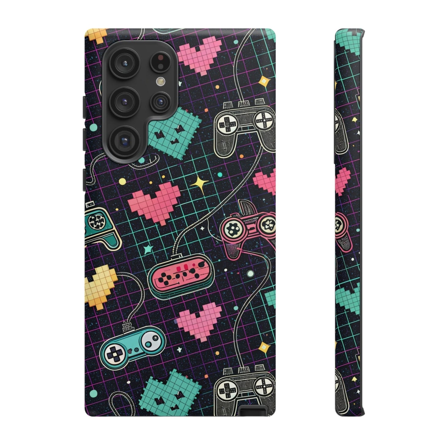 Samsung Galaxy Retro Gamer Tough Case with colorful pixel hearts and vintage game controllers design, durable and impact-resistant phone cover.