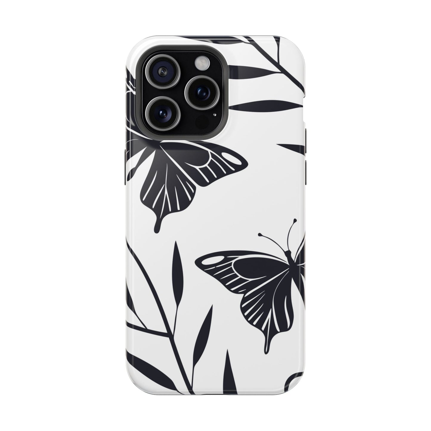Black and white minimalist butterfly iPhone case with plant design and MagSafe compatibility
