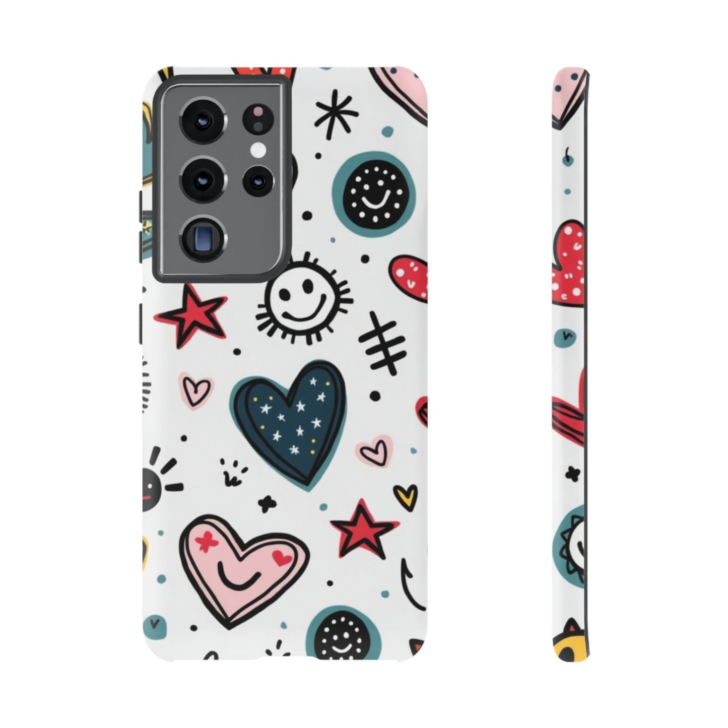 Smiles and Hearts Samsung tough phone case with colorful hearts and smiley faces design, durable and shock-absorbent for Samsung Galaxy models