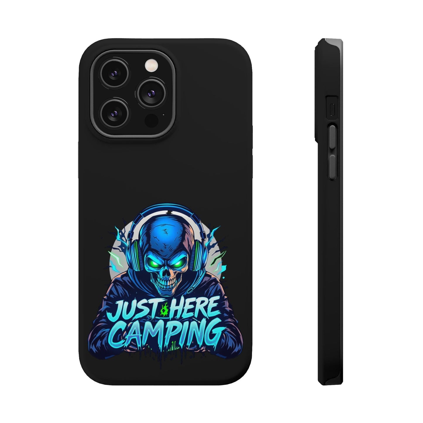 Black iPhone tough case with vibrant "Just Here Camping" gamer skull design and MagSafe compatibility