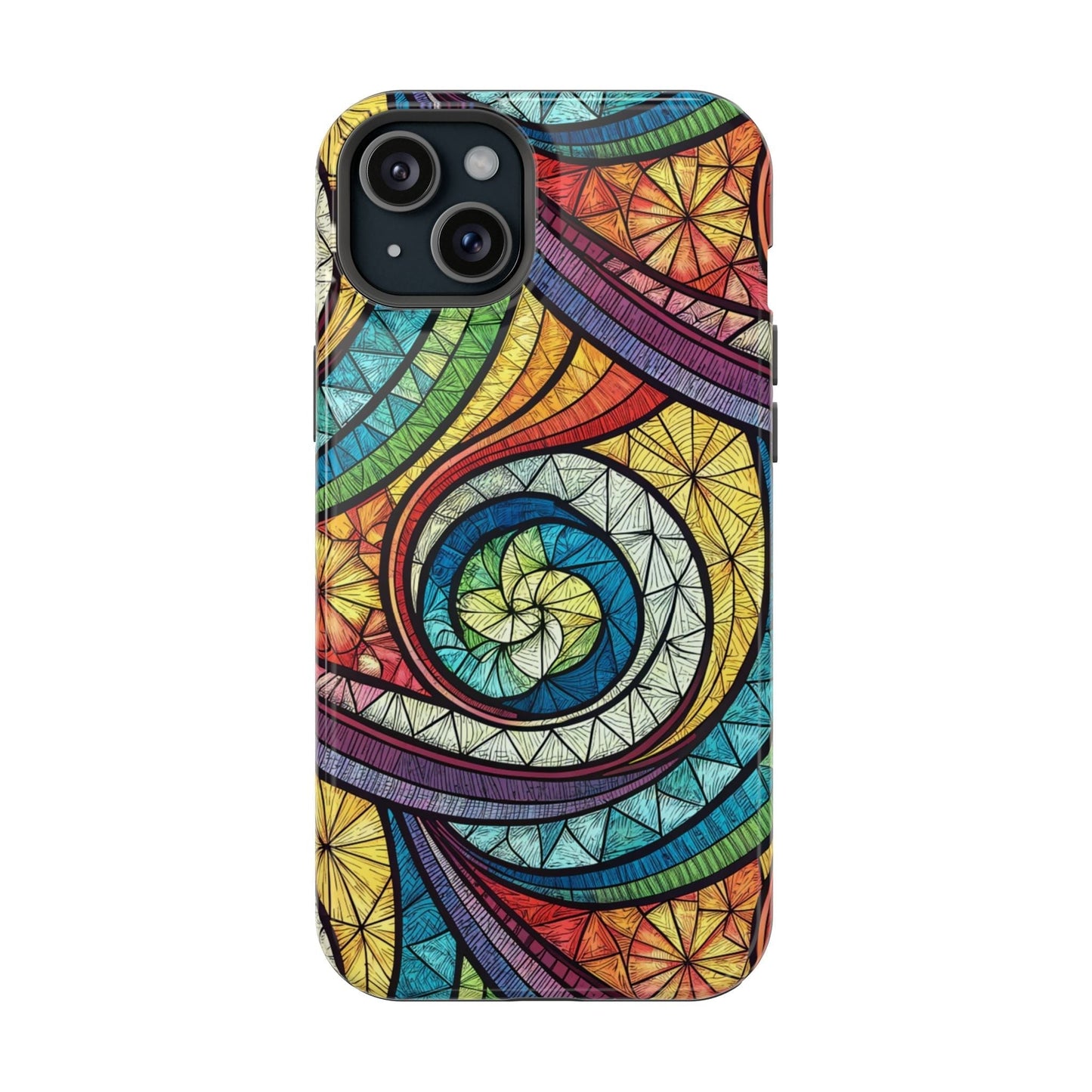 iPhone case with stained glass inspired rainbow swirl design and durable protective build with MagSafe compatibility
