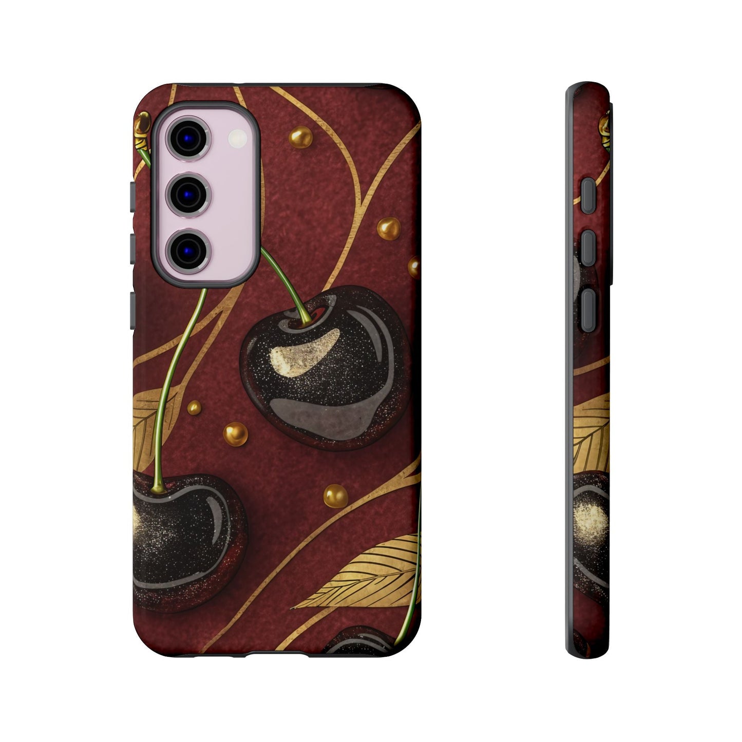 Golden Cherry Samsung Tough Case with 3D cherry design and gold accents for phone protection against drops and scratches