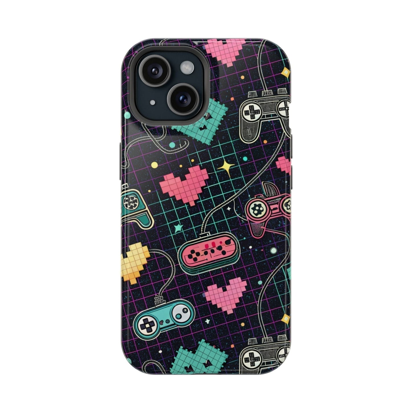 Retro Gamer Inspired durable dual-layer iPhone case with MagSafe featuring colorful pixelated hearts and classic game controller designs on a dark grid background