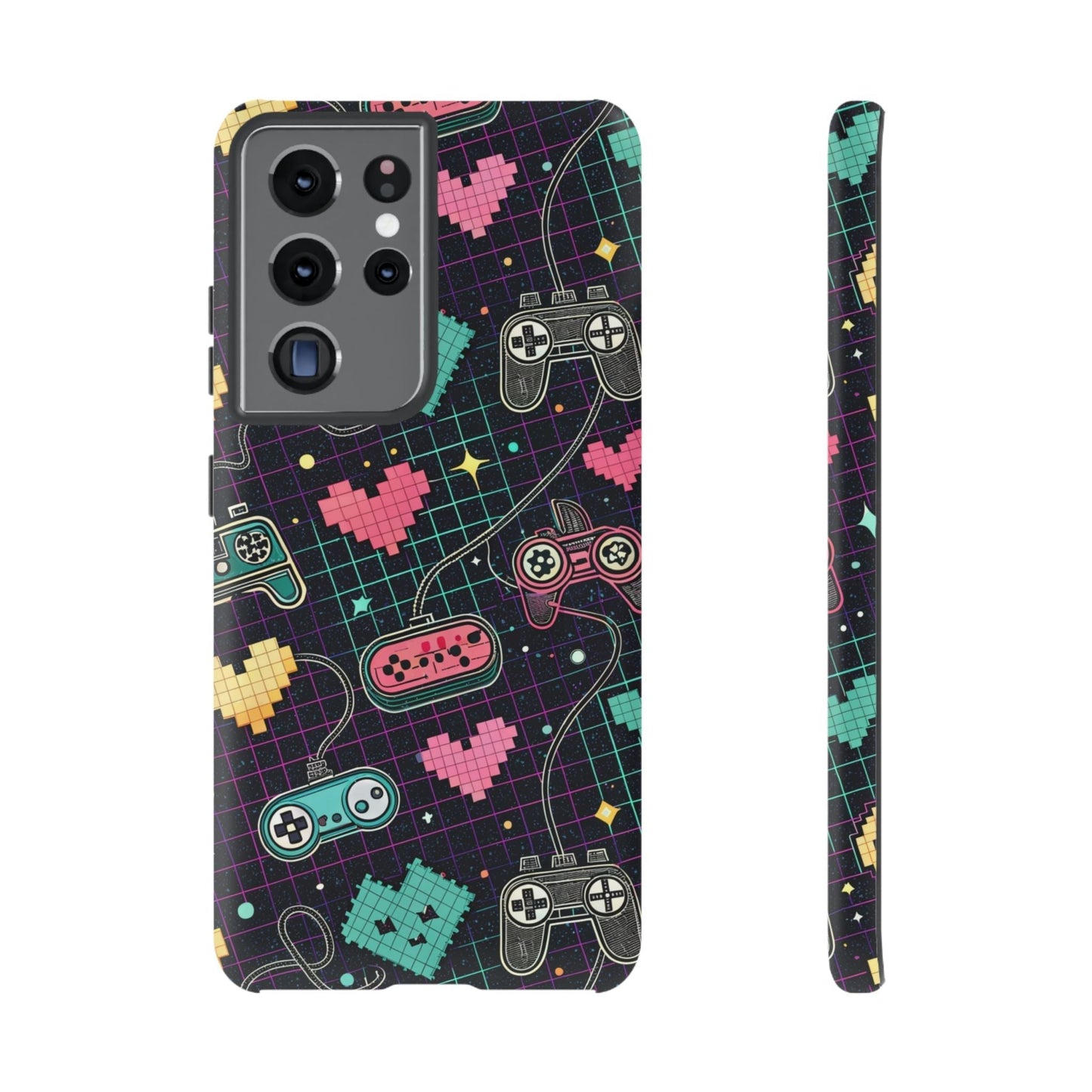 Samsung Galaxy phone case with retro gamer design and colorful pixel hearts and controllers, durable tough protective cover