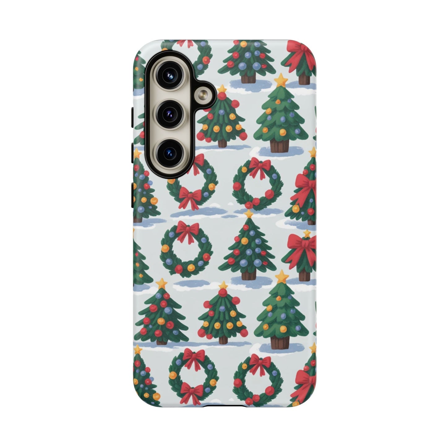 Samsung phone case with festive holiday wreath and Christmas tree pattern, durable protective design