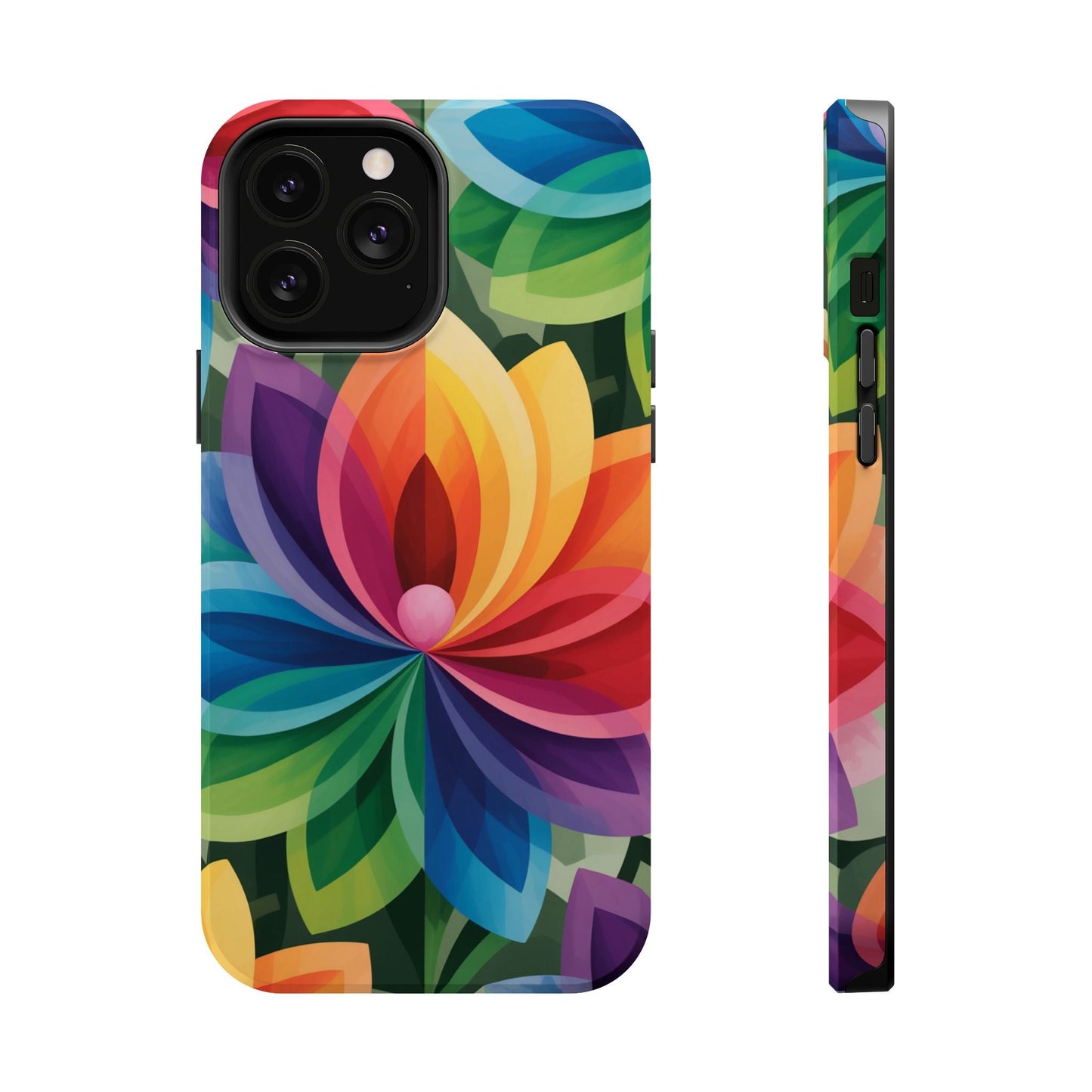 Rainbow Flower iPhone Case with vibrant colorful floral design, durable magnetic tough protection, MagSafe compatible.