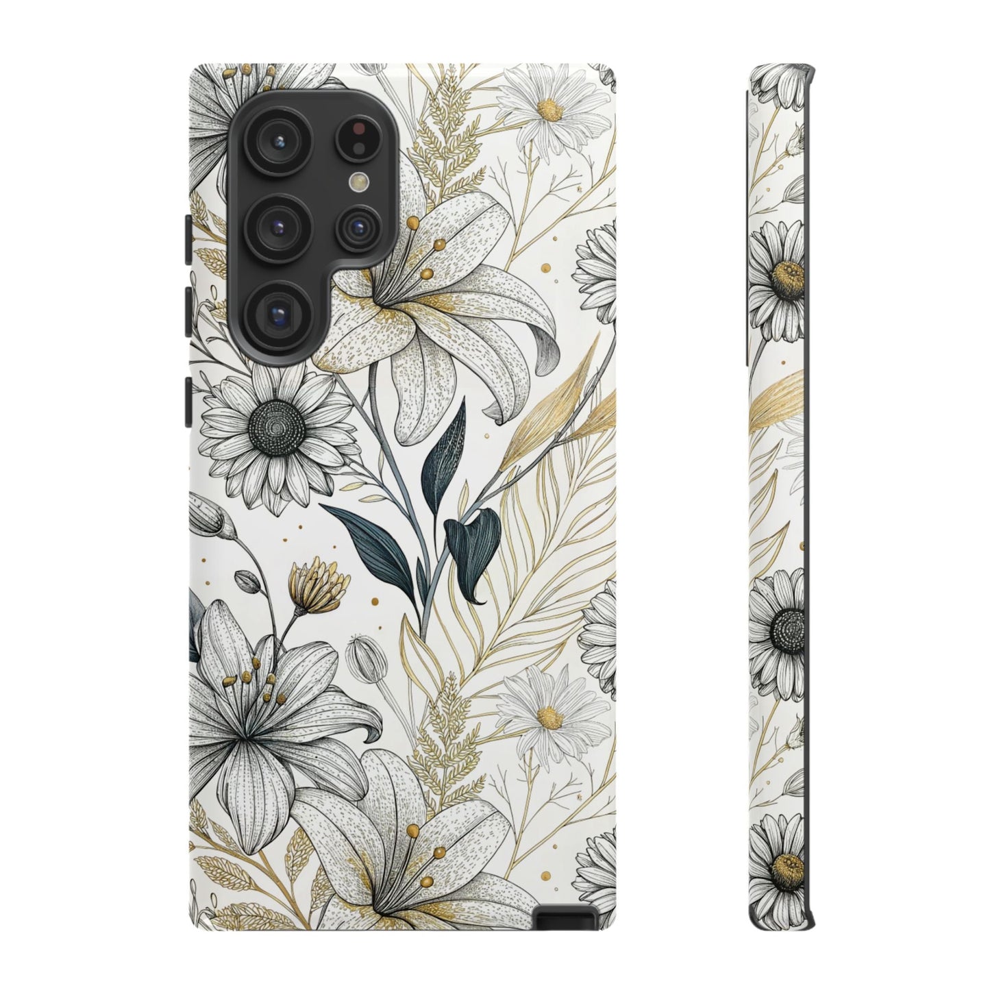 Samsung phone case with golden leaf minimalist floral design offering durable drop protection