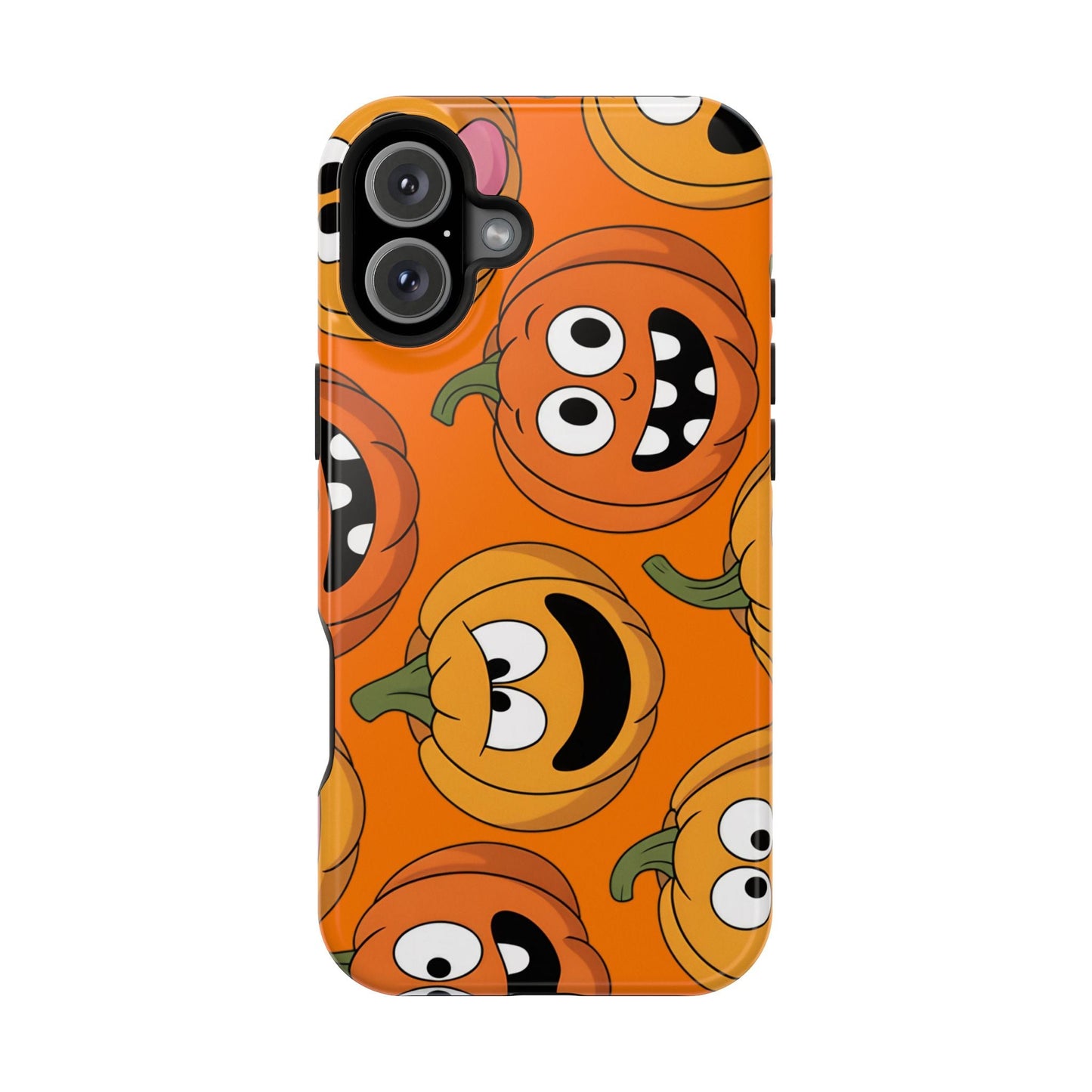 iPhone case with Moody Pumpkins Design featuring colorful, expressive pumpkins on an orange background for Halloween and fall protection