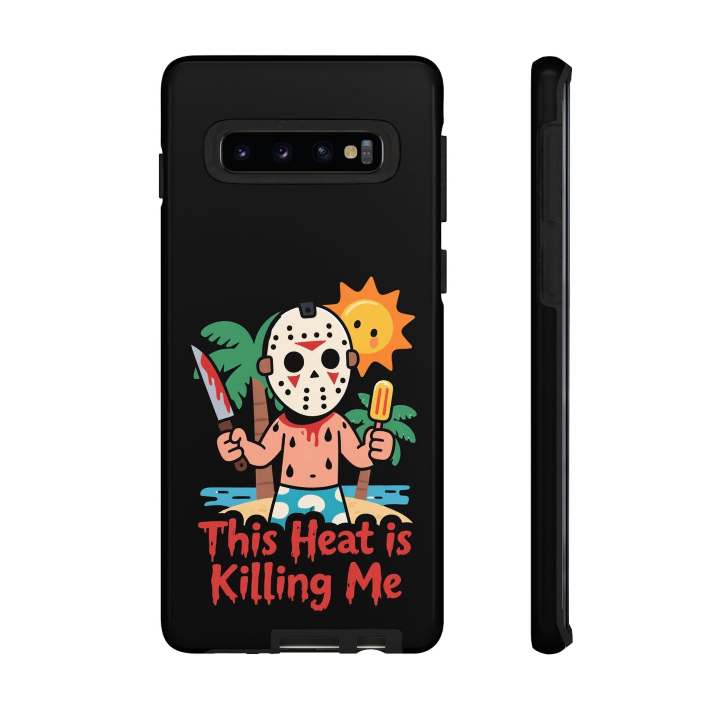 Samsung phone case with "This Heat is Killing Me" Summerween design featuring a cartoon character in a mask holding a knife and popsicle under the sun and palm trees