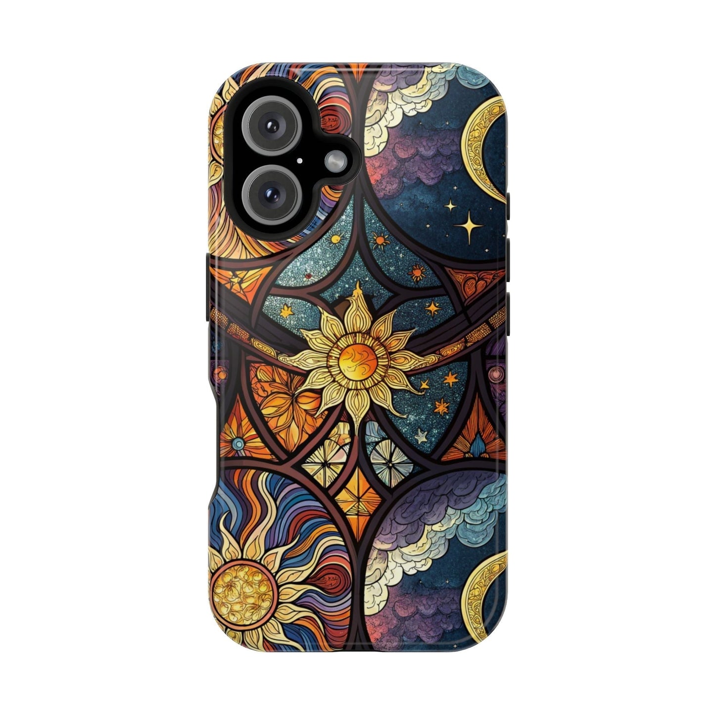 Sun and Moon iPhone case with cosmic celestial design, dual-layer protection, and MagSafe compatibility