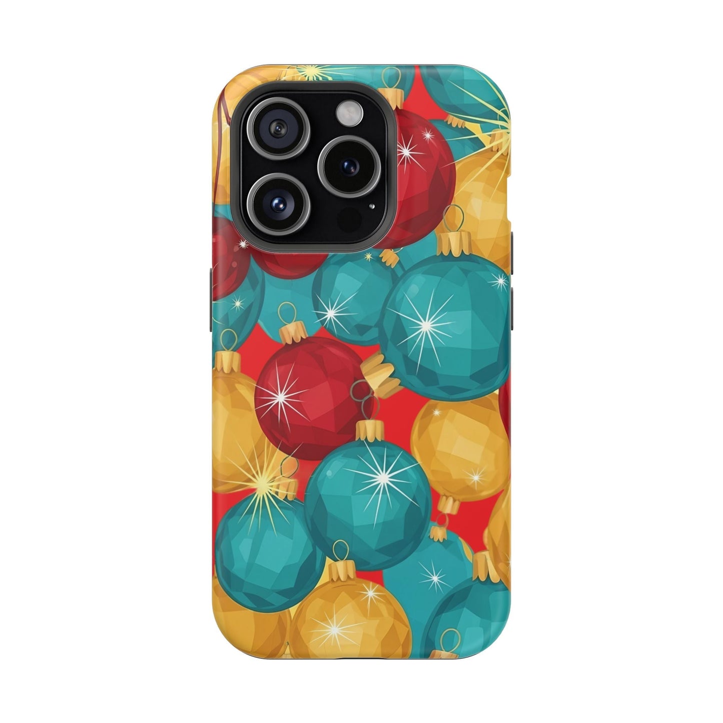 iPhone case with colorful Christmas Tree Sparkle Bulbs design, durable polycarbonate, MagSafe compatible, festive holiday protective cover