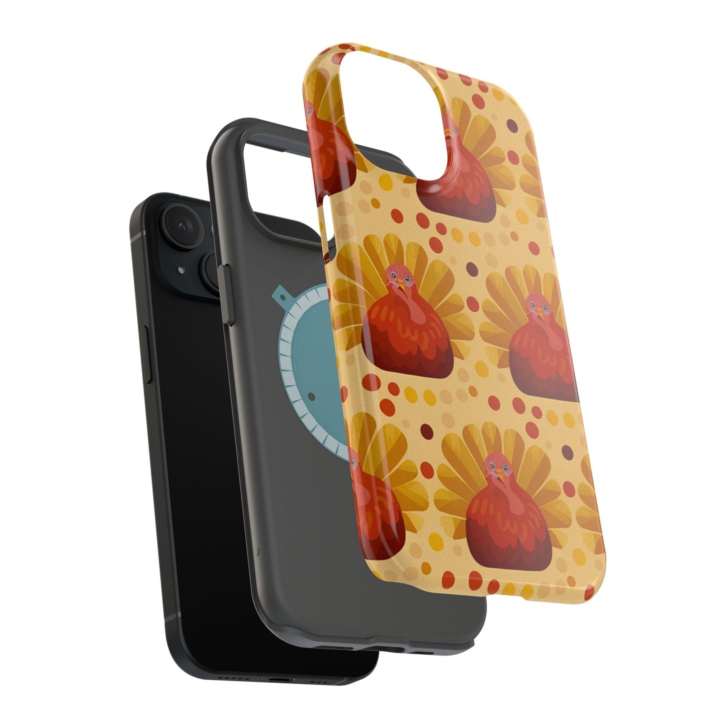 Turkey Celebration iPhone Case with vibrant turkey design, dual-layer magnetic tough protection, and MagSafe compatibility