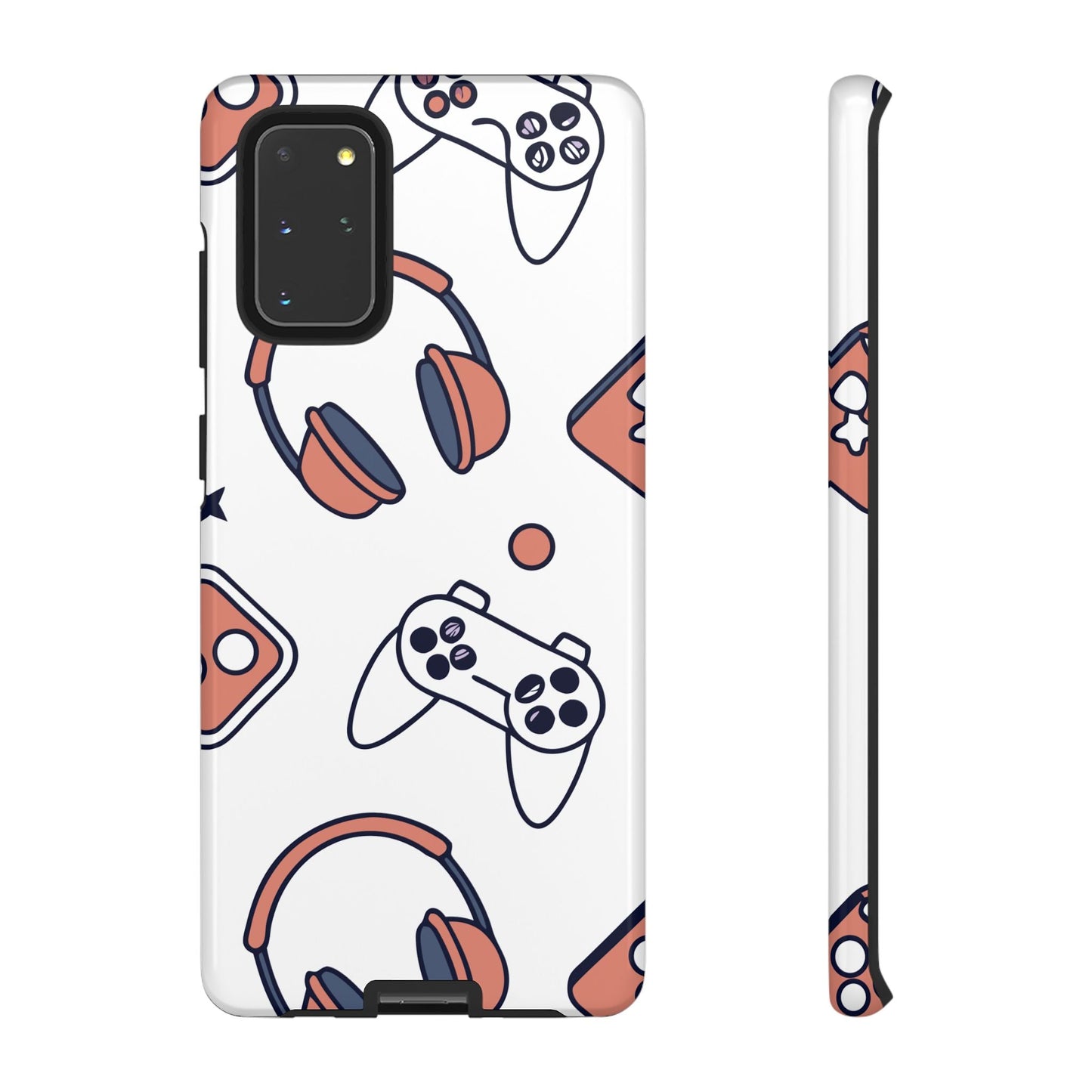 Samsung Gamer Tough Phone Case with white background and gaming controller and headset patterns, durable protective cover for Samsung Galaxy phones