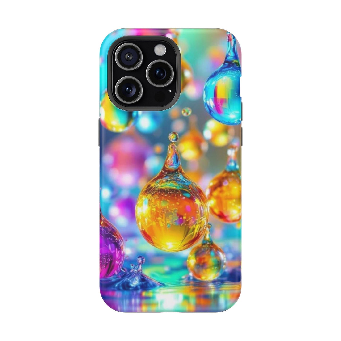 iPhone tough case with vibrant golden raindrop design and colorful abstract background, durable dual-layer protection with MagSafe compatibility