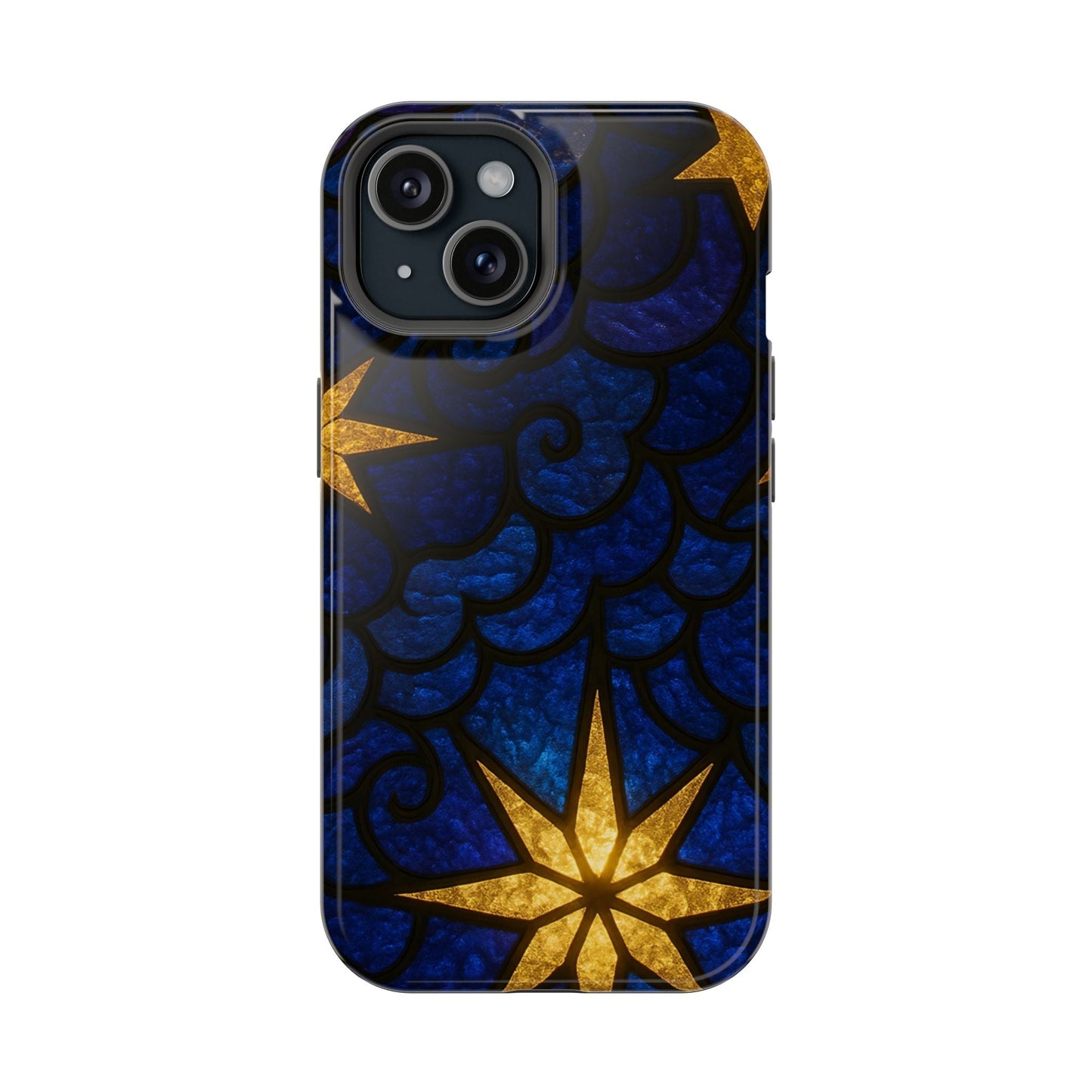 iPhone tough case with golden star design on blue textured background, MagSafe compatible protective cover