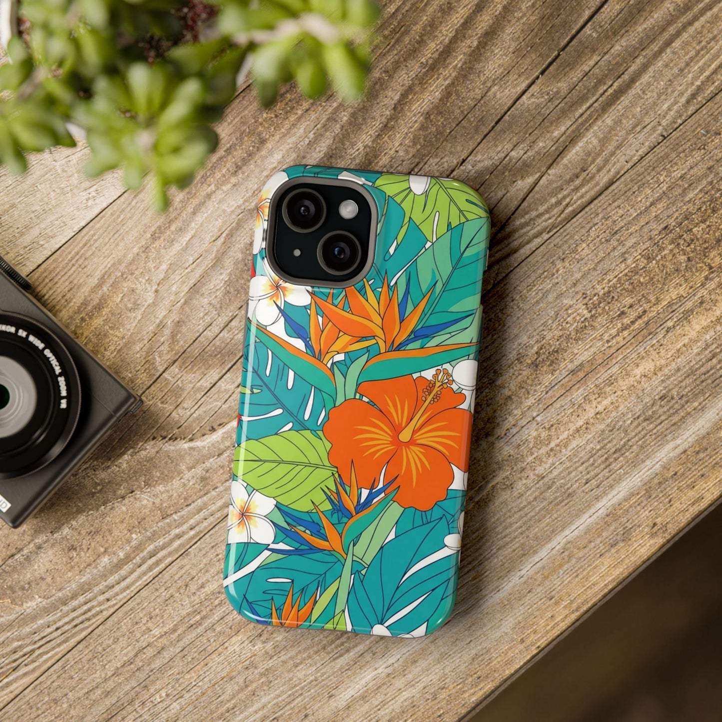 Vibrant floral iPhone case with colorful tropical flower design and durable polycarbonate protection
