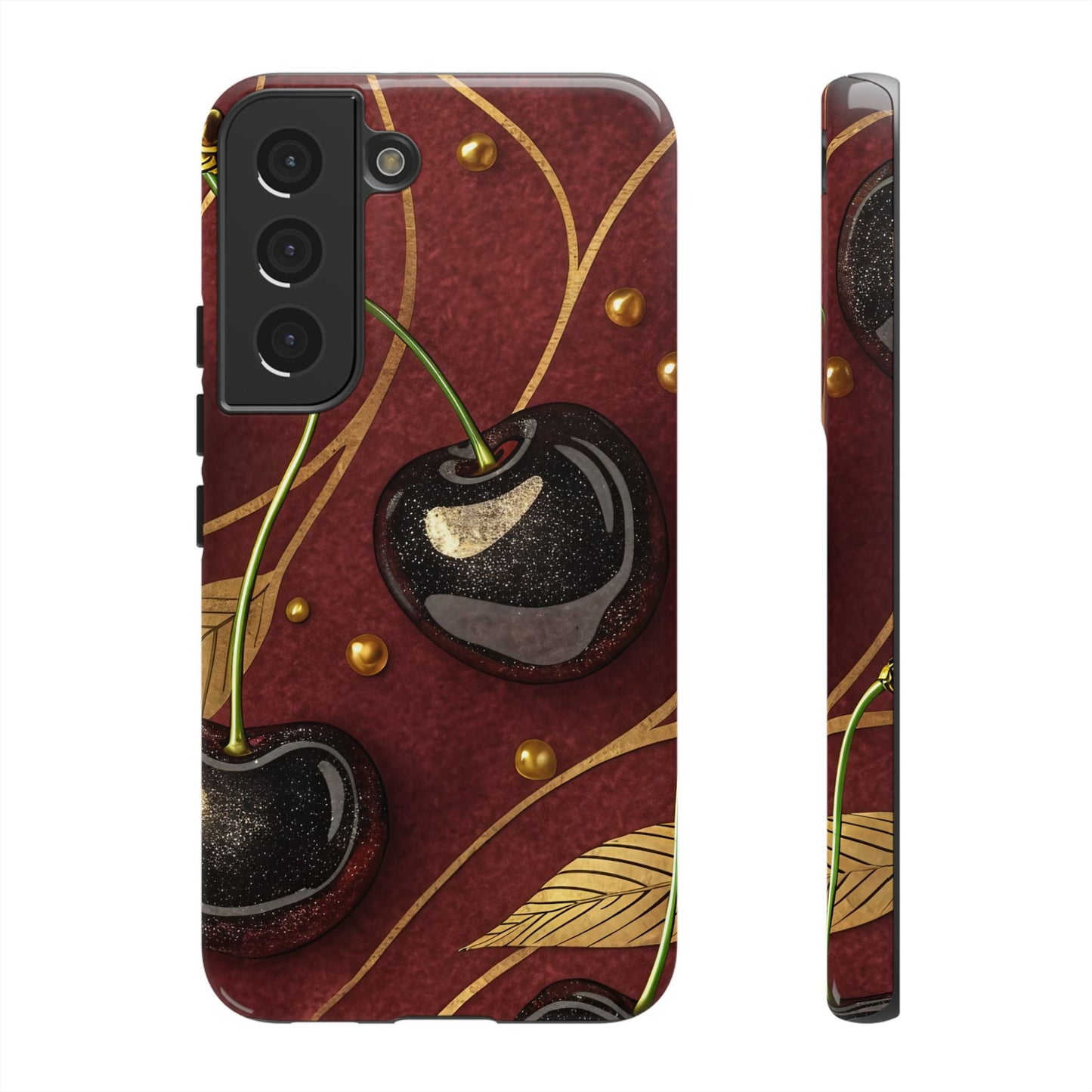 Samsung phone case with golden cherry design on a burgundy background, durable and stylish protection for Samsung Galaxy models.