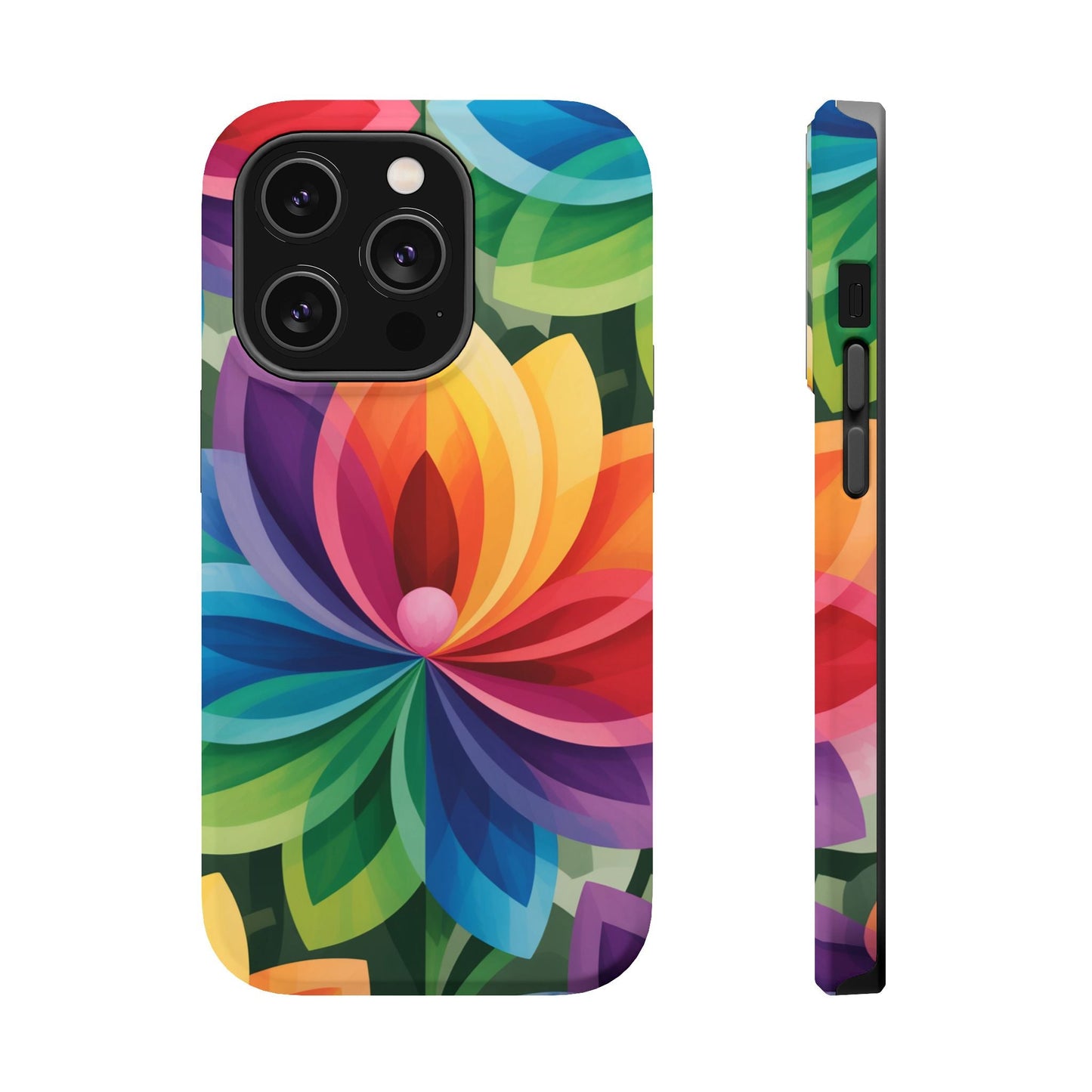 Rainbow Flower iPhone Case with vibrant multicolor floral design and MagSafe compatibility