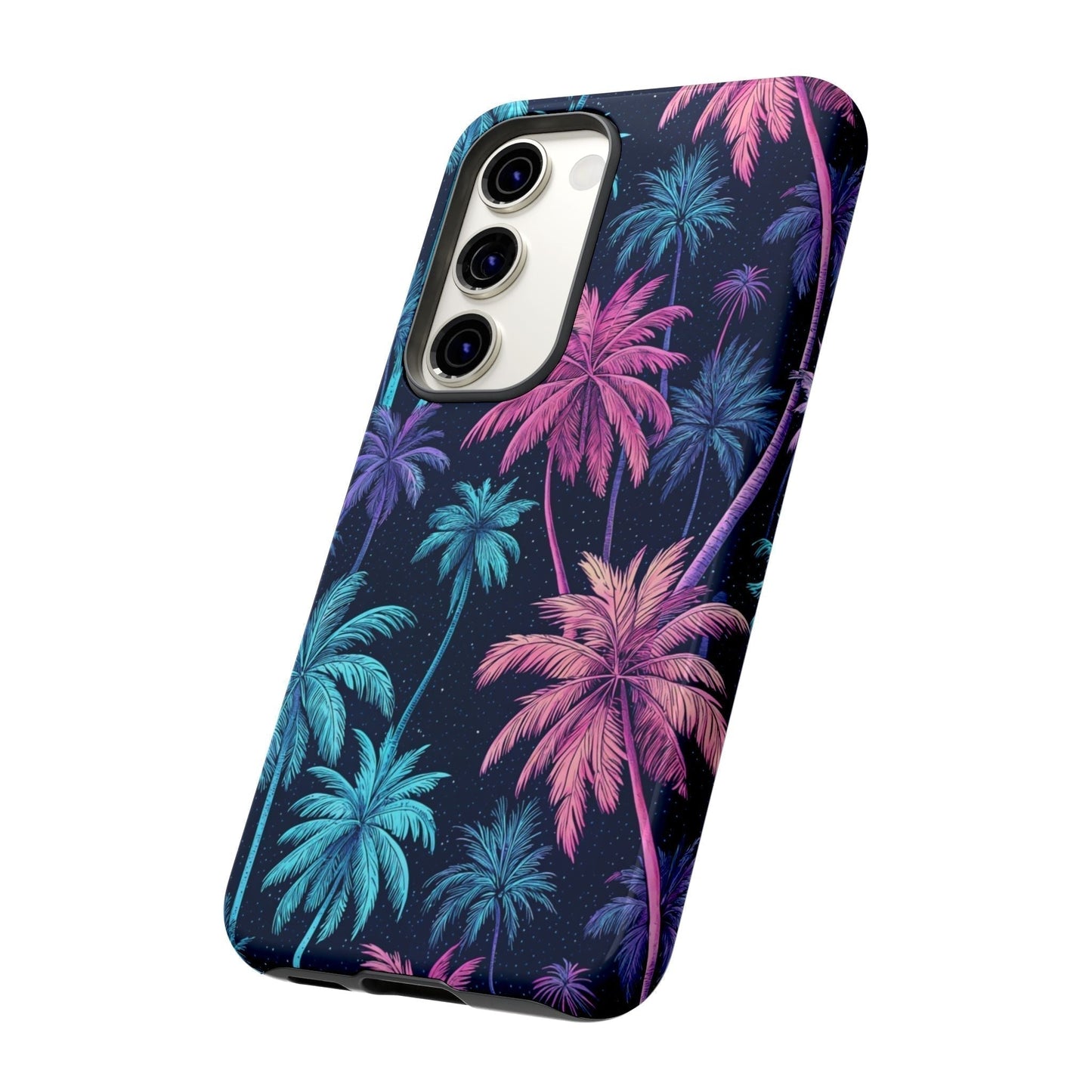Neon Palm Tree Phone Case with colorful pink and blue tropical palm design on durable Samsung cover