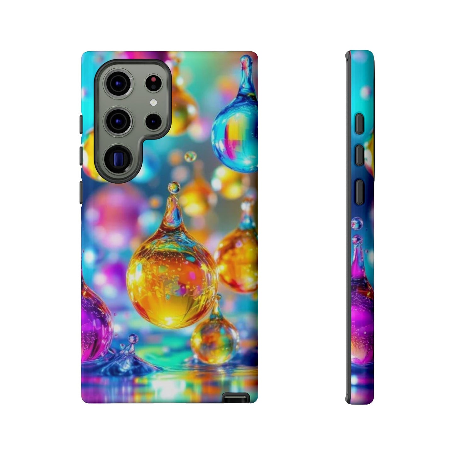Samsung phone case with vibrant 3D golden raindrop design, durable and shockproof protective cover