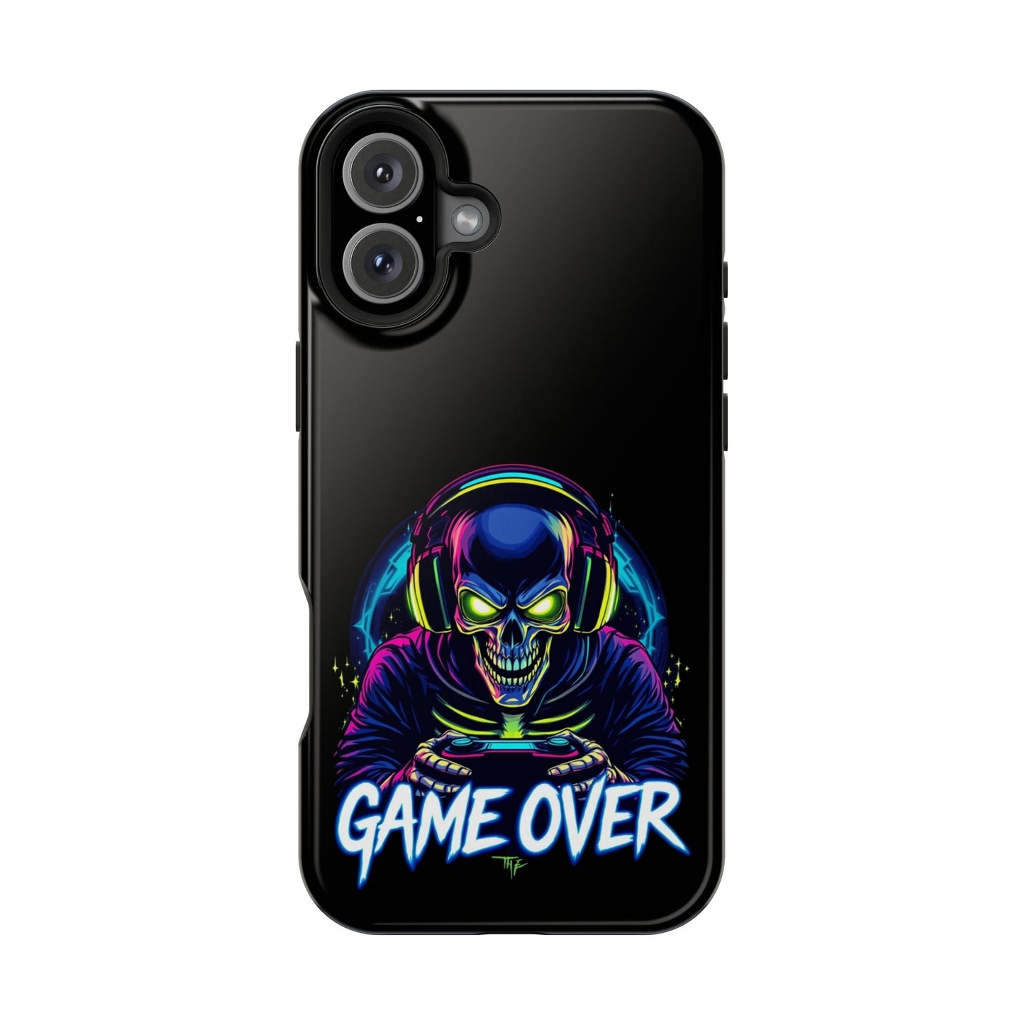 Game Over Gamer iPhone tough case with vibrant skull gamer design and MagSafe compatibility