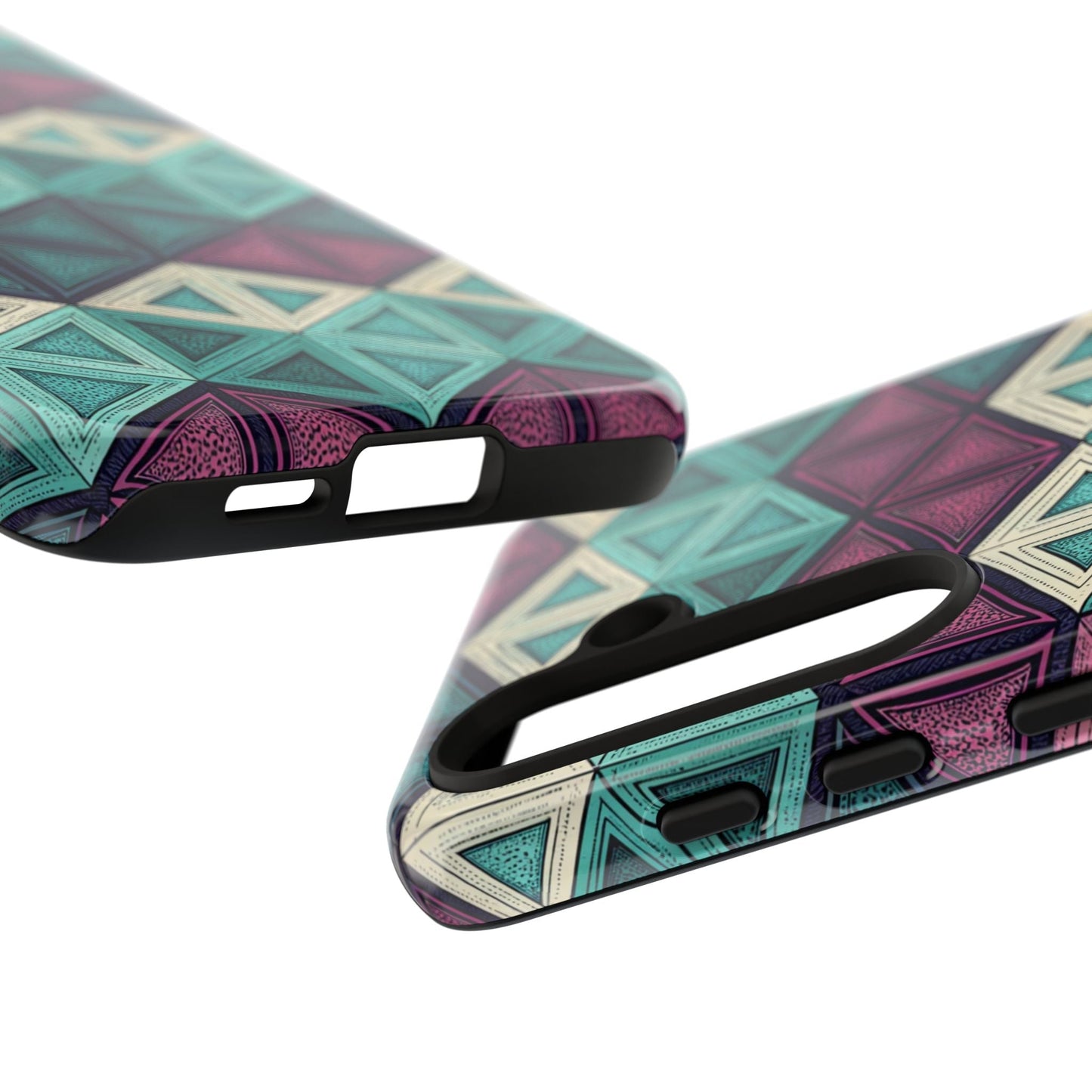 Purple and teal Samsung Tough Case with abstract geometric design for durable phone protection