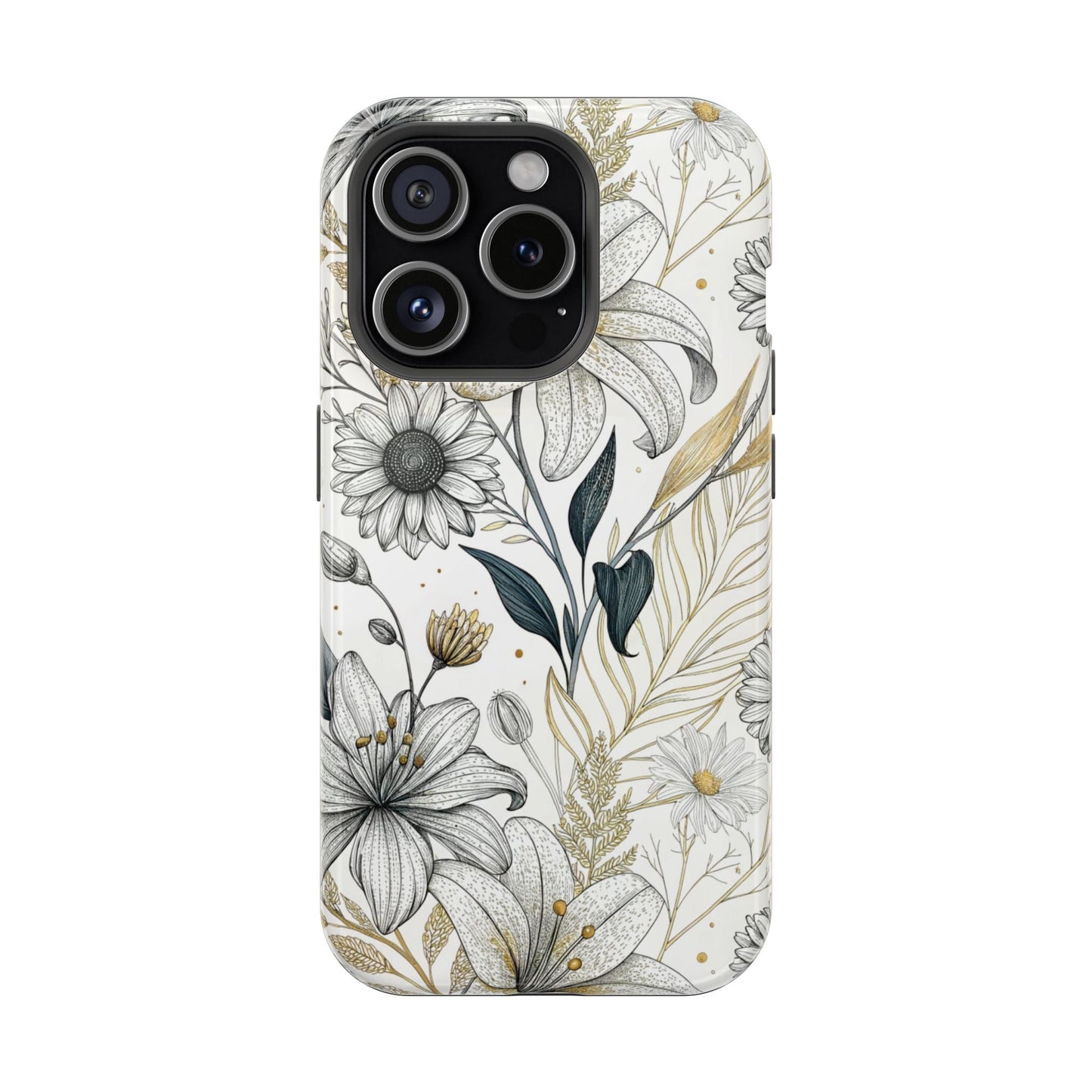 Golden Leaf Flower modern minimalist tough iPhone case with protective dual-layer design and MagSafe compatibility