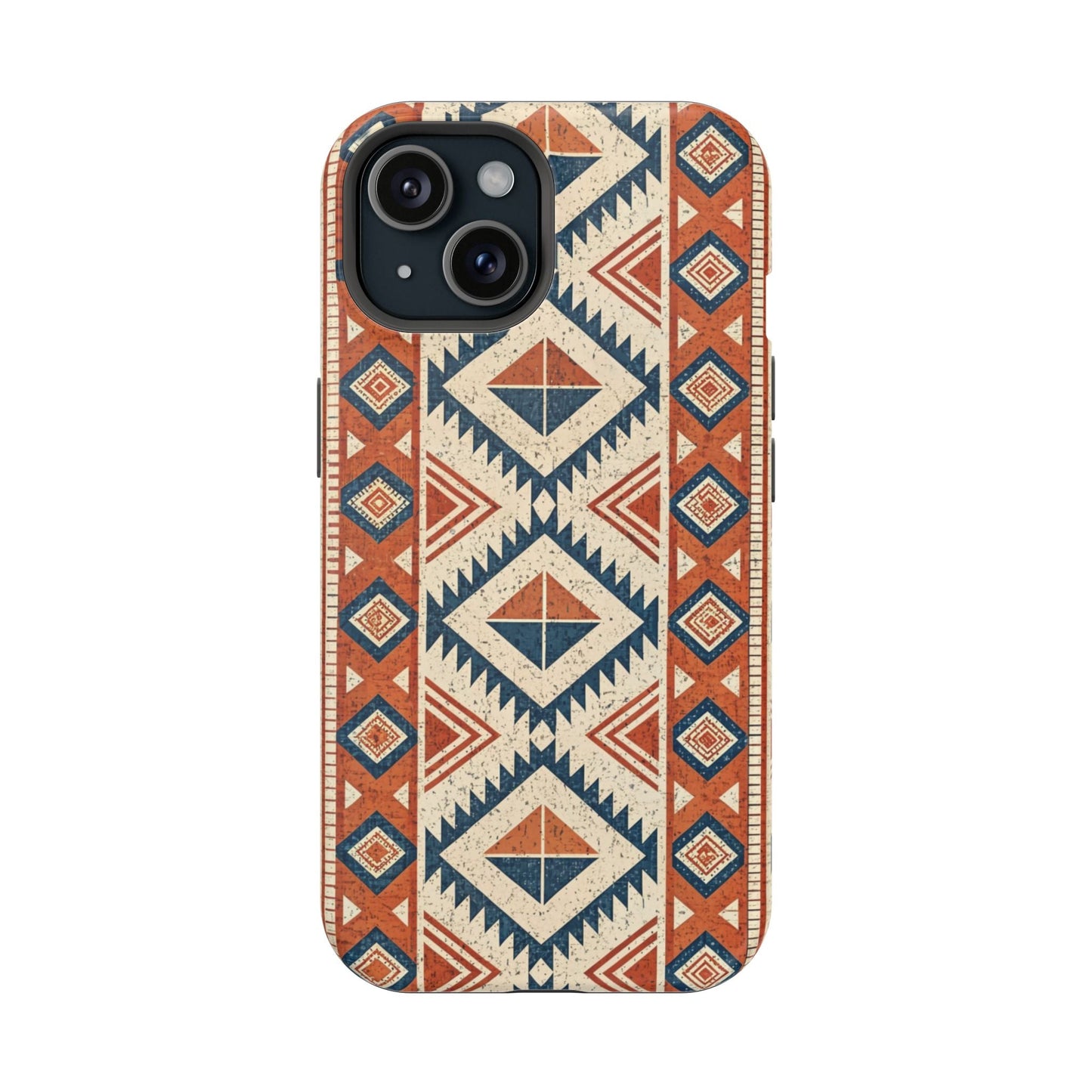 iPhone case with tribal inspired pattern in red, blue, and beige, dual-layer tough protective design with MagSafe magnet, matte finish option