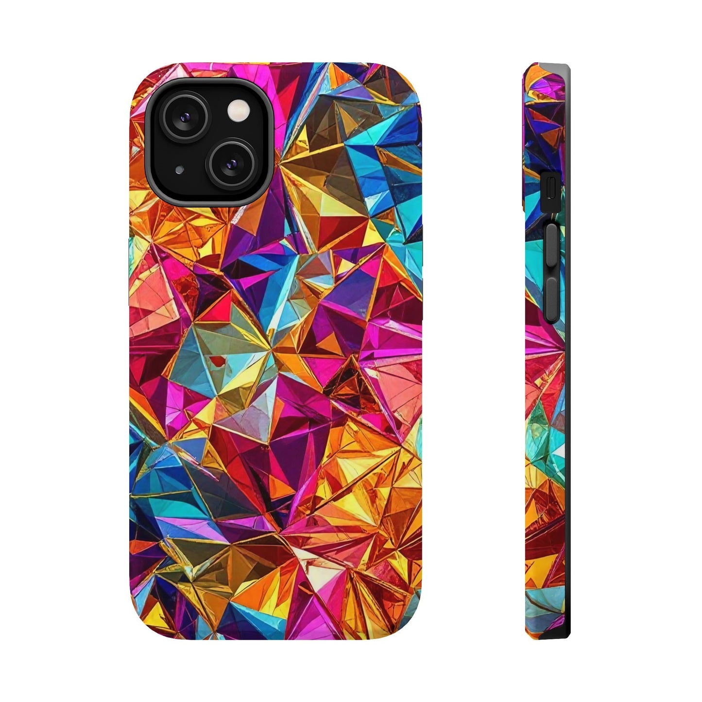 Colorful geometric rainbow foil iPhone tough case with glossy finish and MagSafe compatibility.