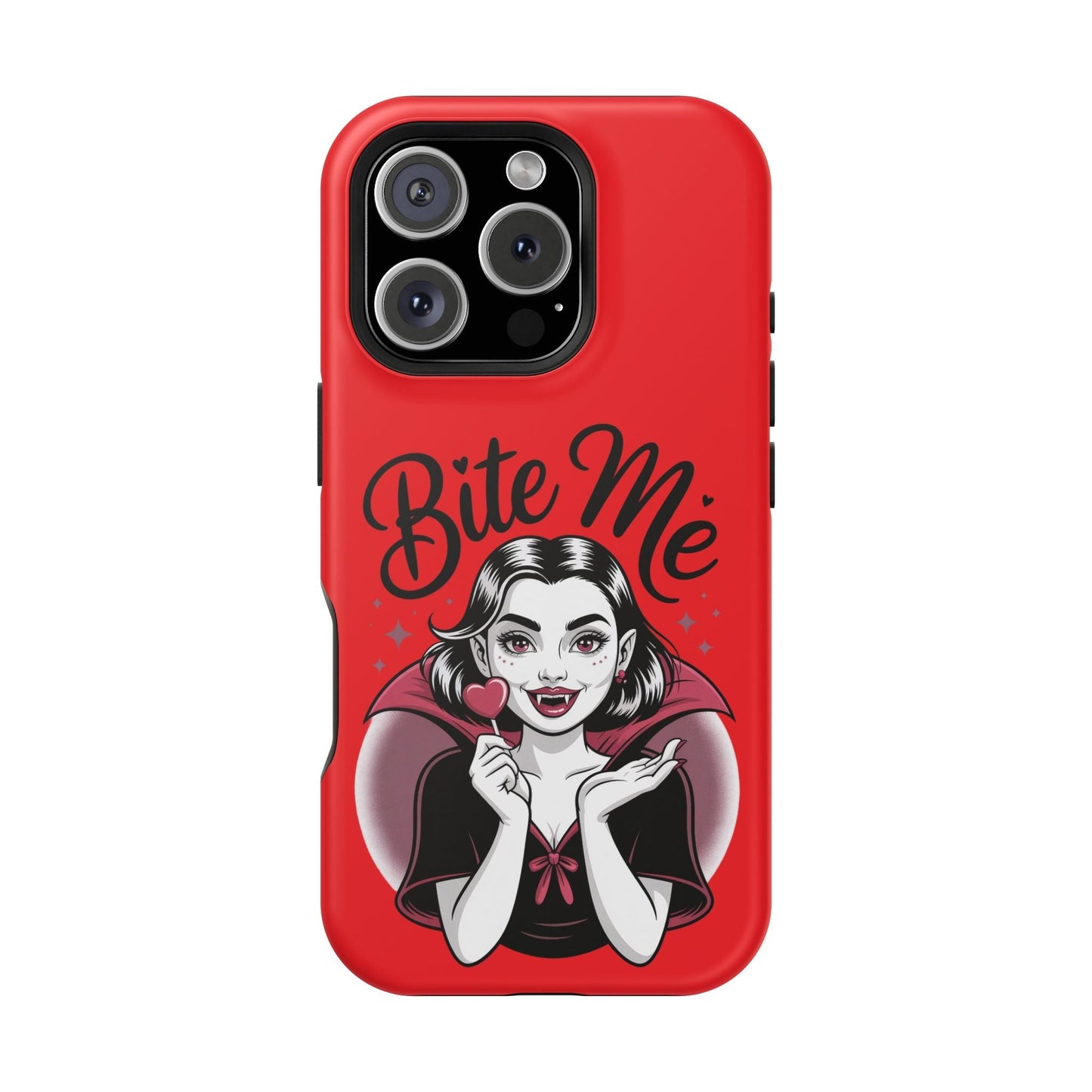 Red Halloween vampire iPhone case with "Bite Me" text and cartoon vampire girl design, MagSafe compatible.