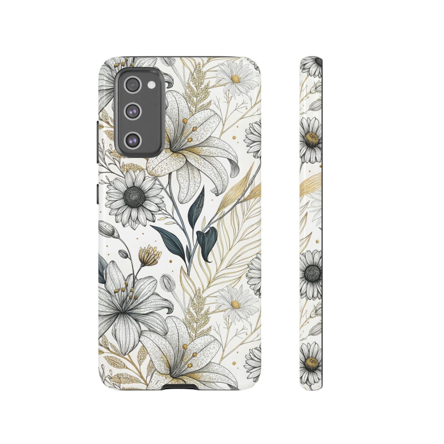 Samsung phone case with golden leaf minimalist floral design and durable protective material